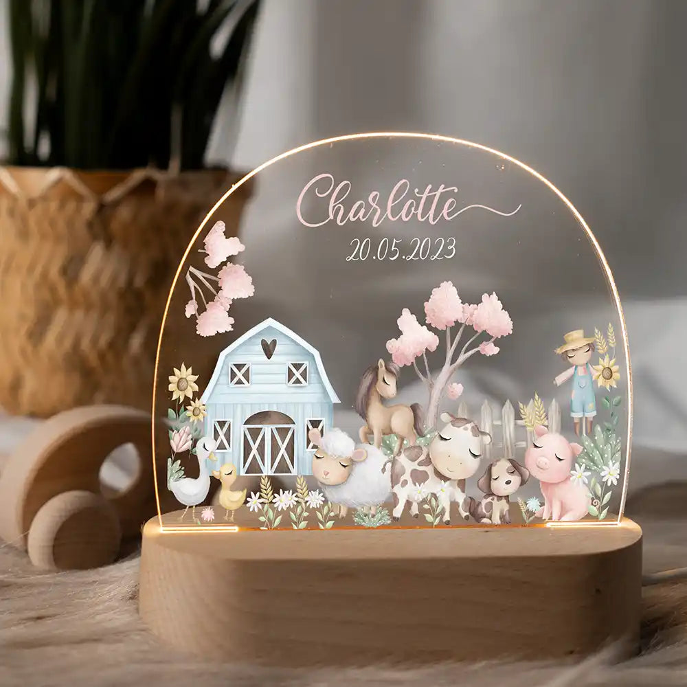 Veilleuse enfant personnalisée Animaux de la ferme – ambiance dans une chambre de bébé le soir