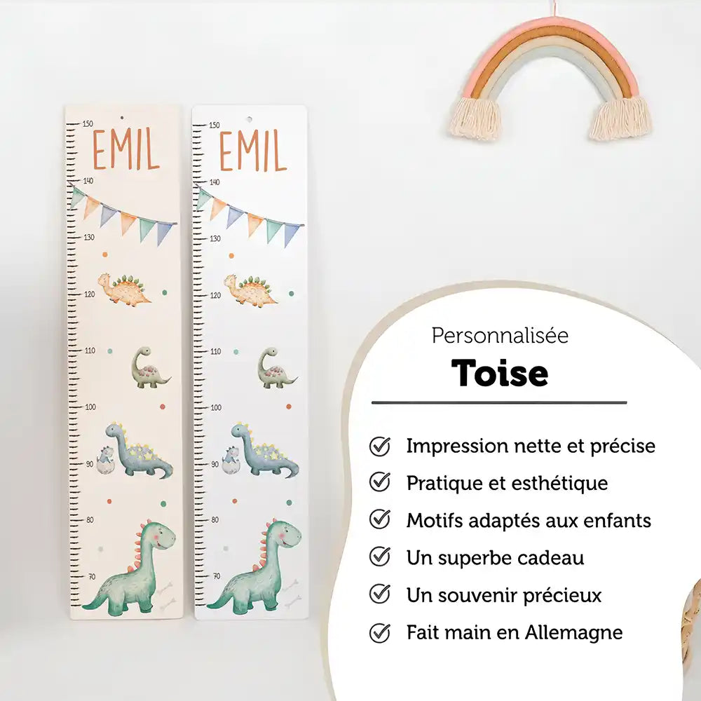 Toise enfant personnalisée Dinosaures – versions bois et aluminium composite côte à côte, fait main en Allemagne