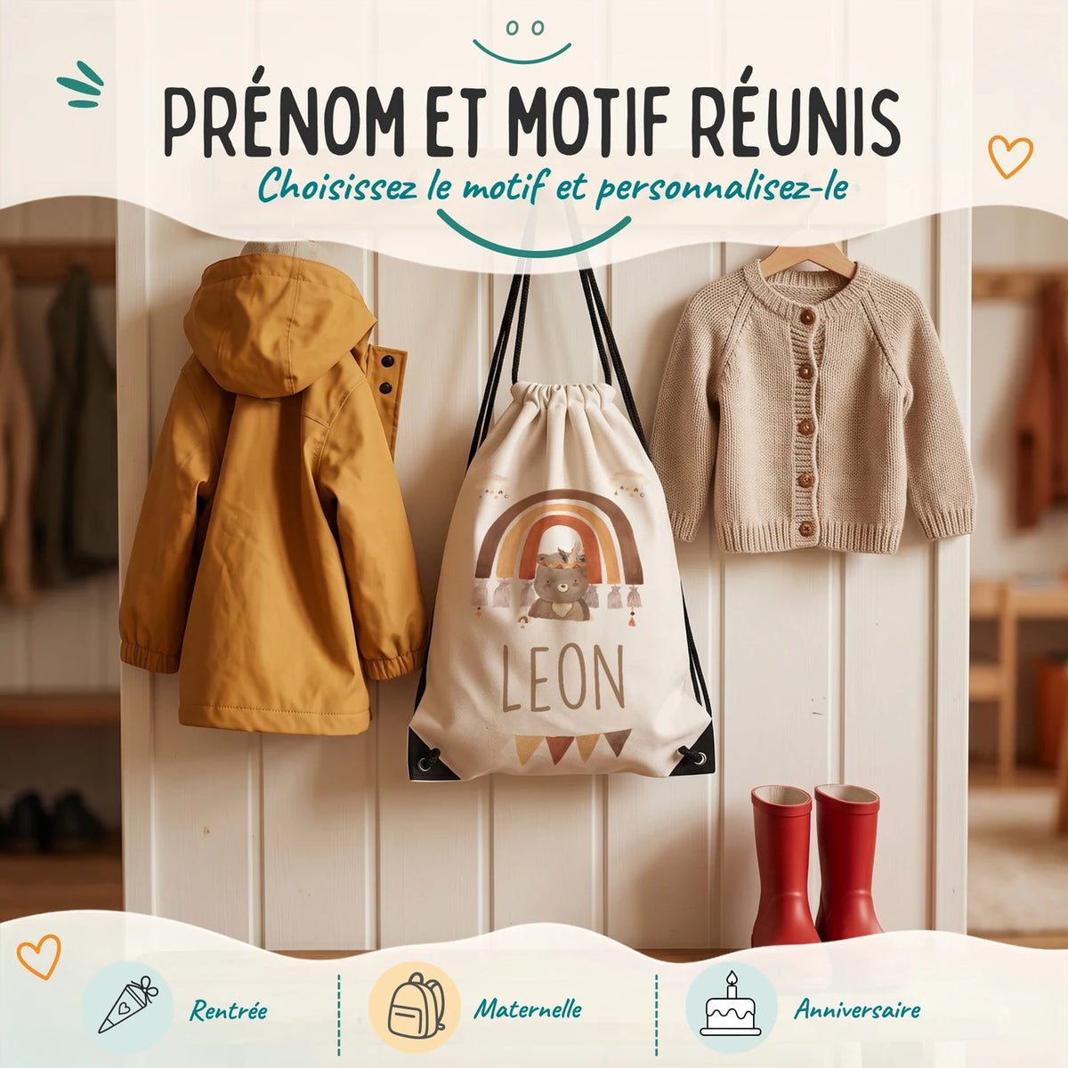 Sac de sport enfant avec prénom et motif au choix, motif arc-en-ciel bohème — Kidsmood