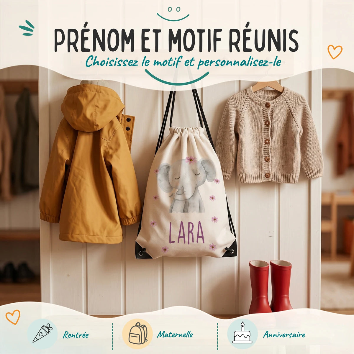 Sac de sport enfant avec prénom et motif au choix, motif éléphant fleuri — Kidsmood