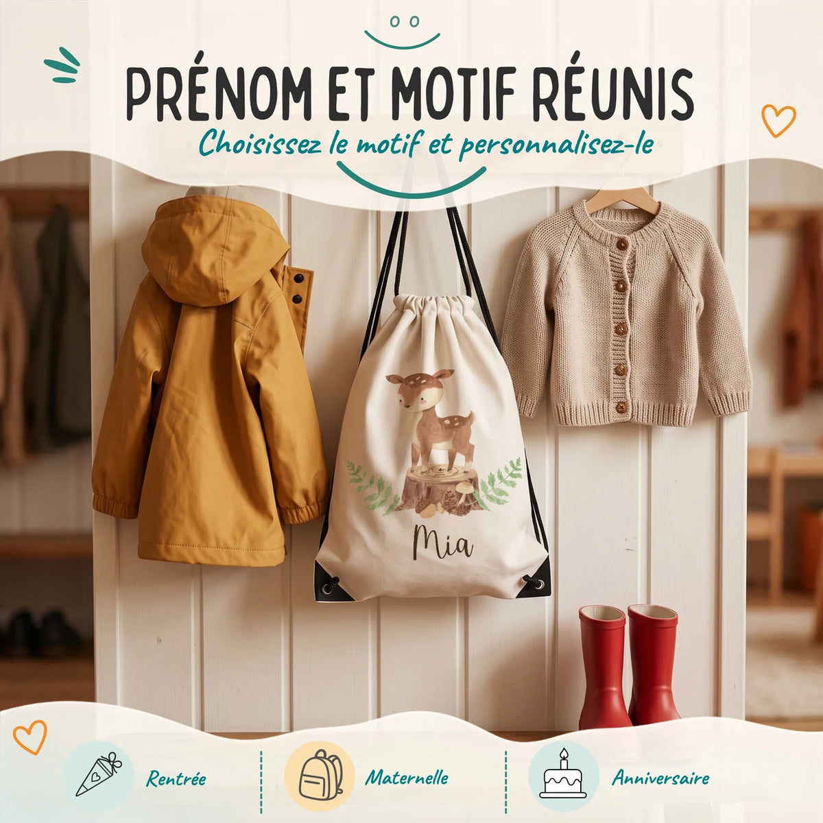 Sac de sport enfant avec prénom et motif au choix, motif faon des bois — Kidsmood
