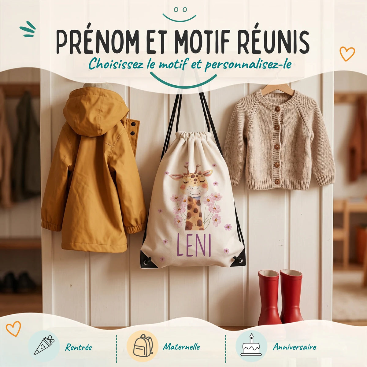 Sac de sport enfant avec prénom et motif au choix, motif girafe — Kidsmood