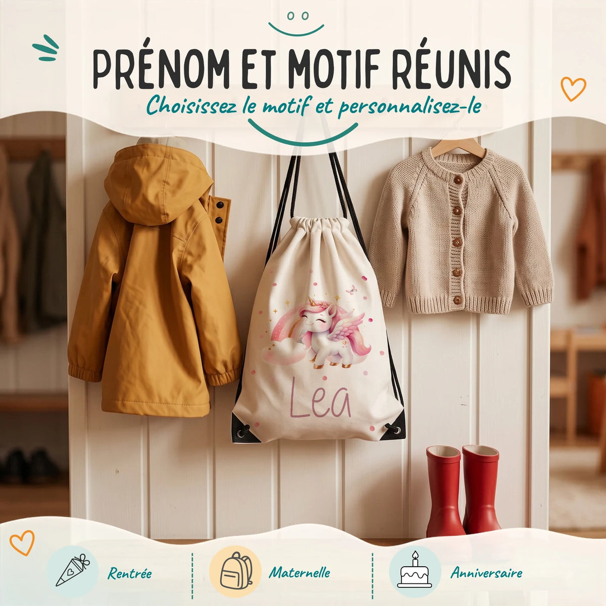 Sac de sport enfant avec prénom et motif au choix, motif licorne ailée — Kidsmood