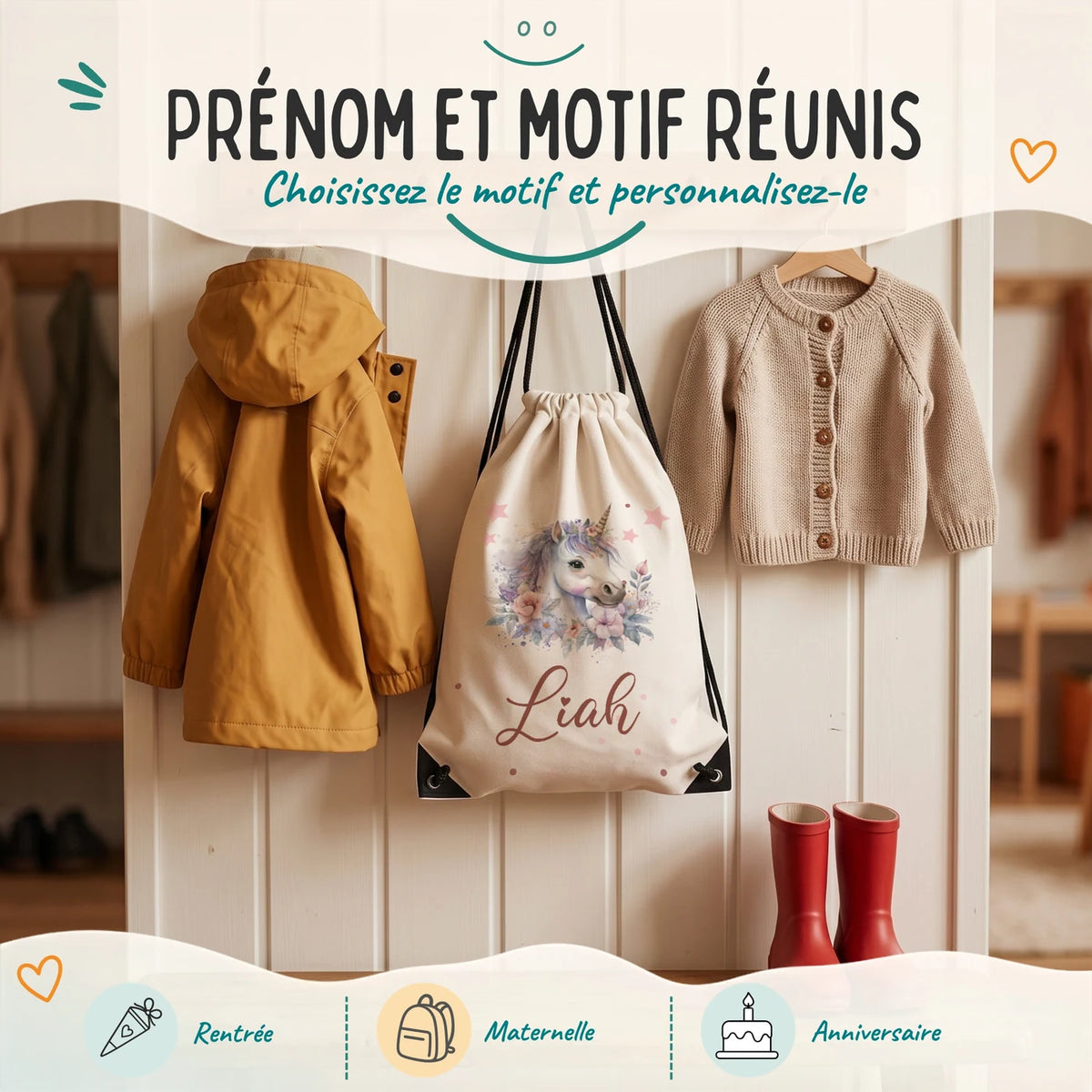 Sac de sport enfant avec prénom et motif au choix, motif licorne fleurie — Kidsmood