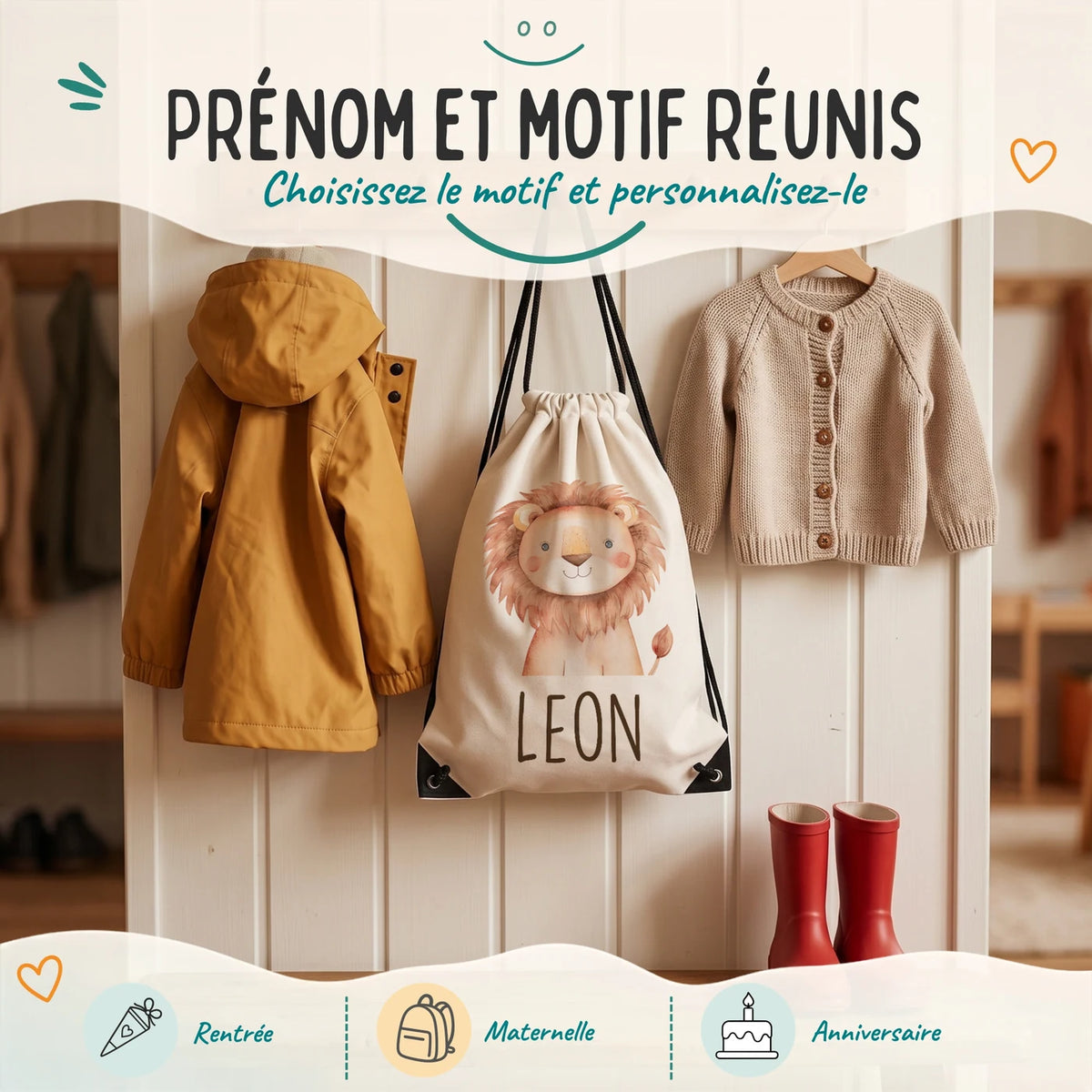 Sac de sport enfant avec prénom et motif au choix, motif lion — Kidsmood