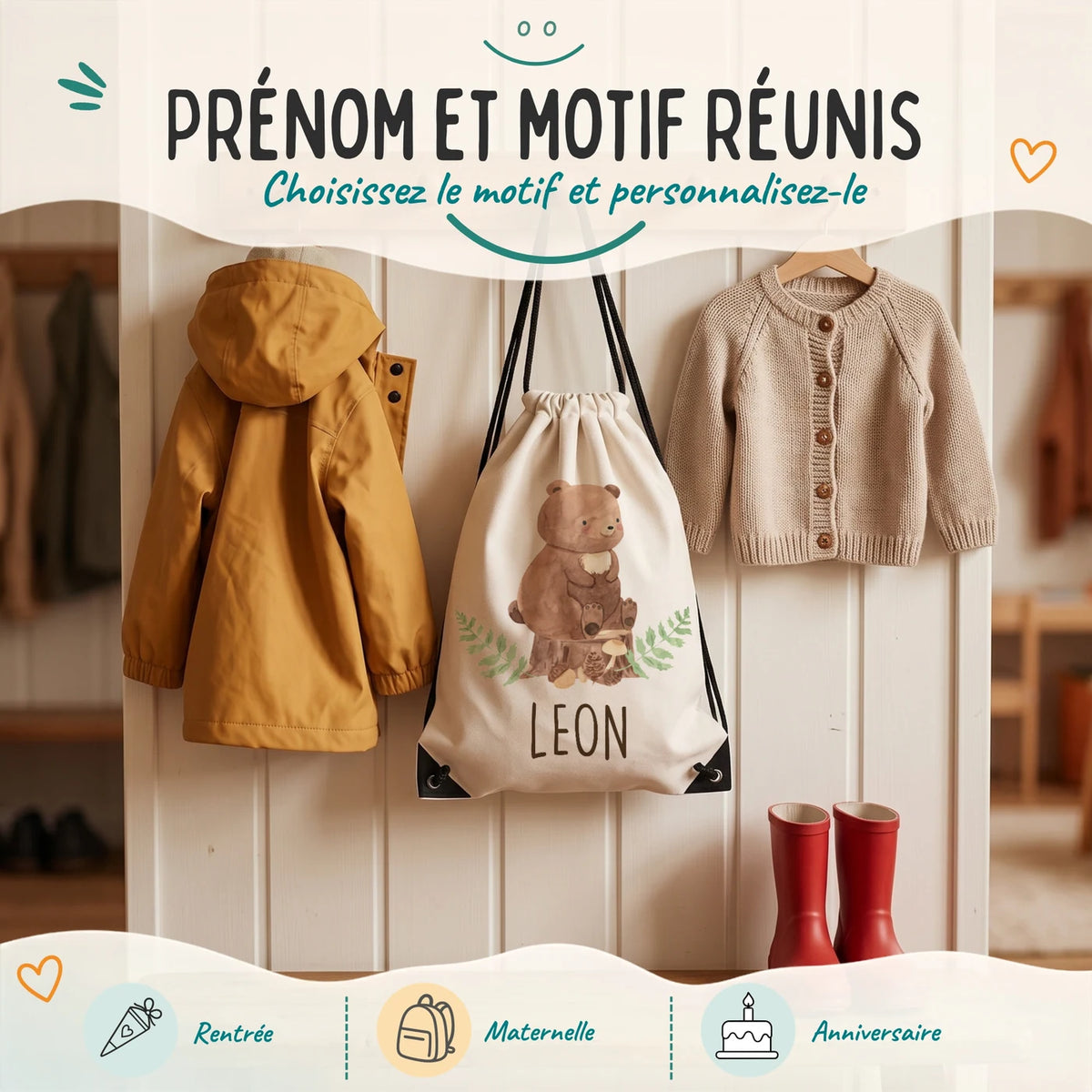 Sac de sport enfant avec prénom et motif au choix, motif ours des bois — Kidsmood