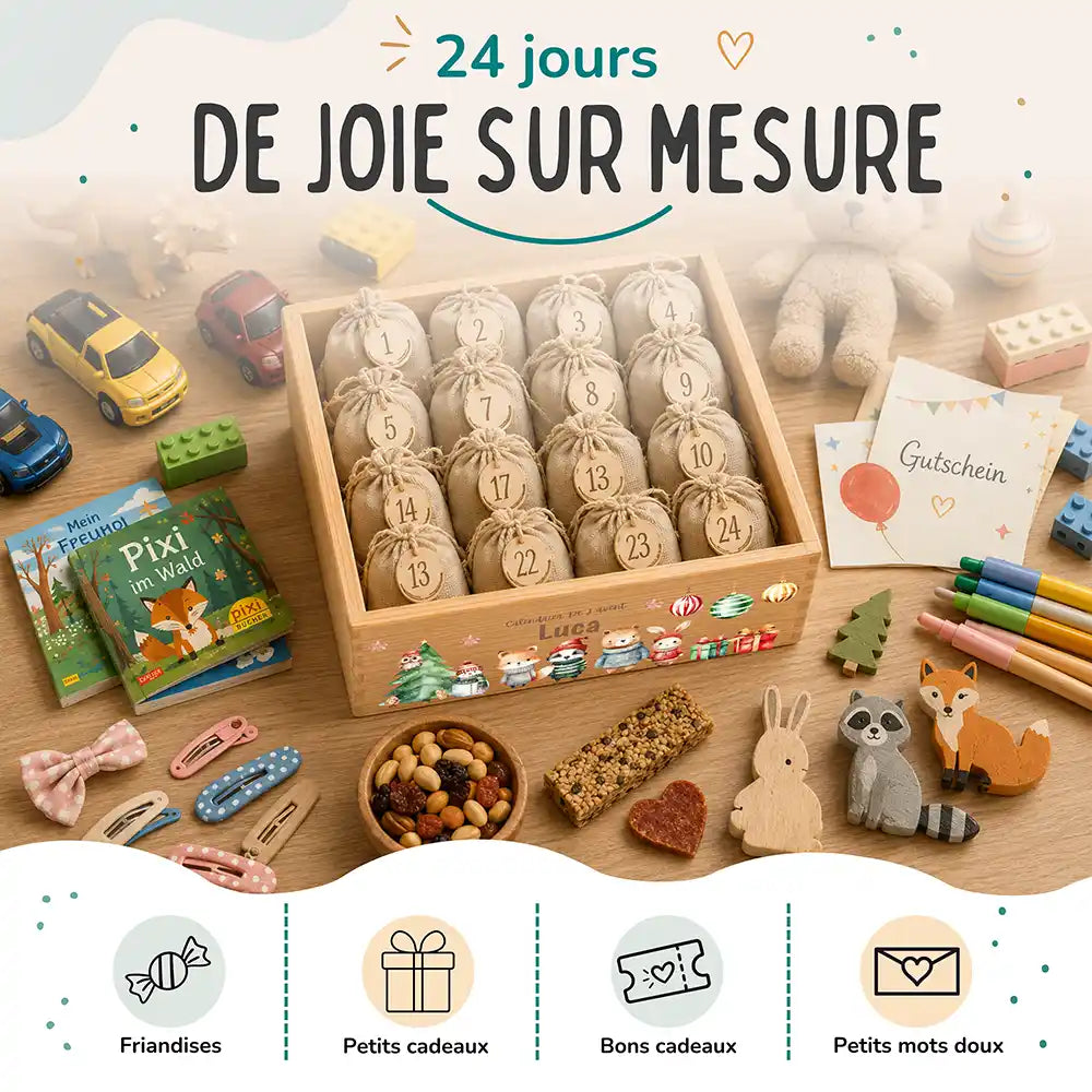 Calendrier de l'avent personnalisé, motif Bonhomme de neige — Idées à glisser dans les sachets | Kidsmood