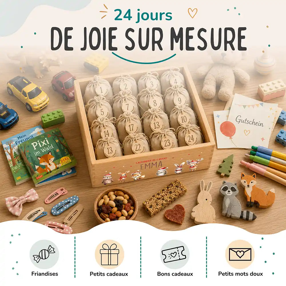 Calendrier de l'avent personnalisé, motif Défilé en bonnets — Idées à glisser dans les sachets | Kidsmood