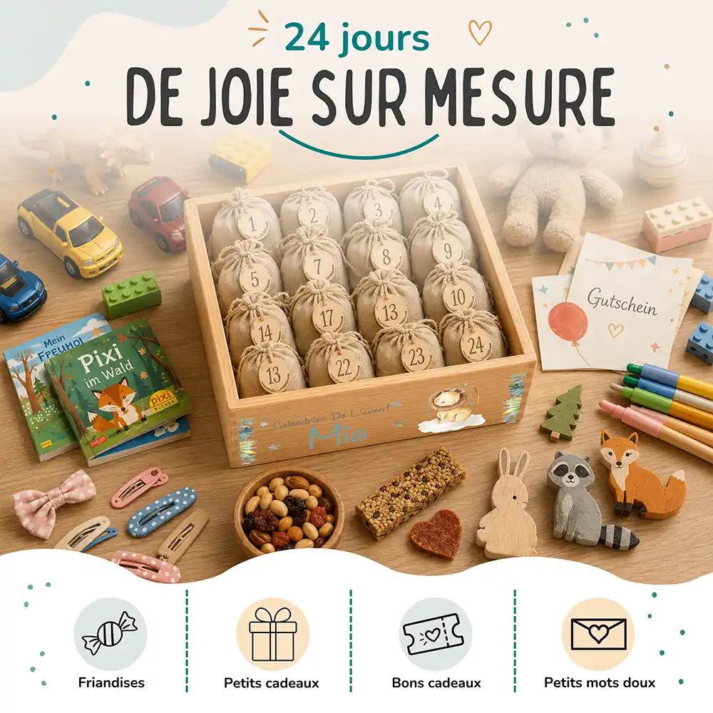 Calendrier de l'avent personnalisé, motif Petit lion — Idées à glisser dans les sachets | Kidsmood