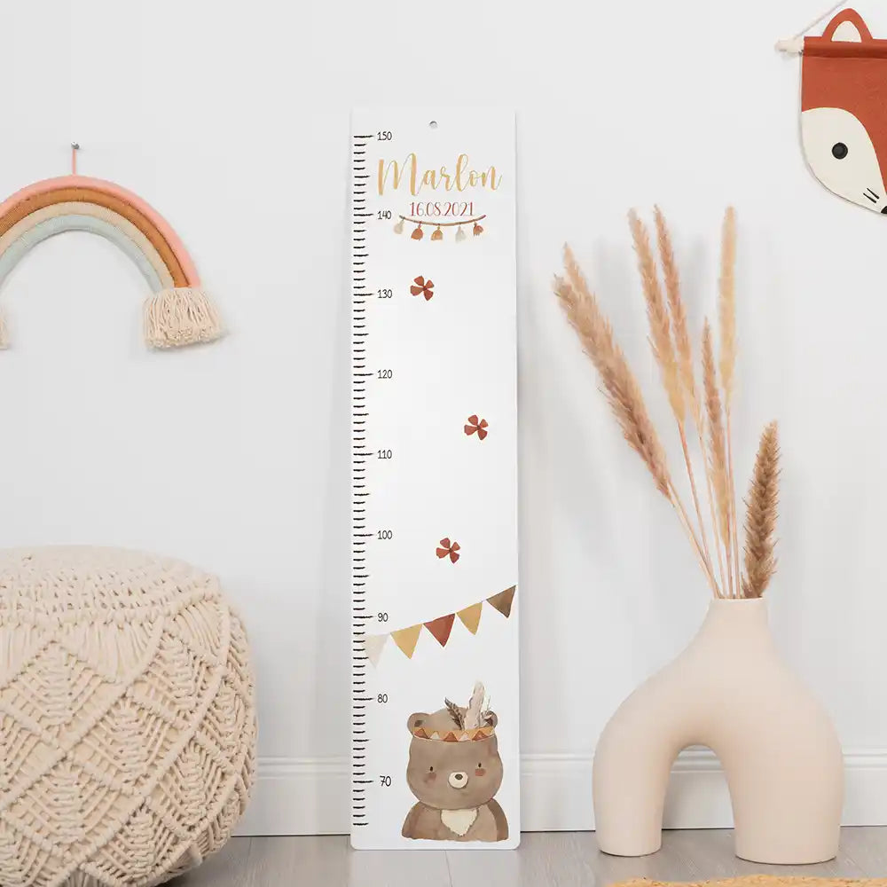 Toise enfant personnalisée Ours boho – ambiance douce dans la chambre d'enfant