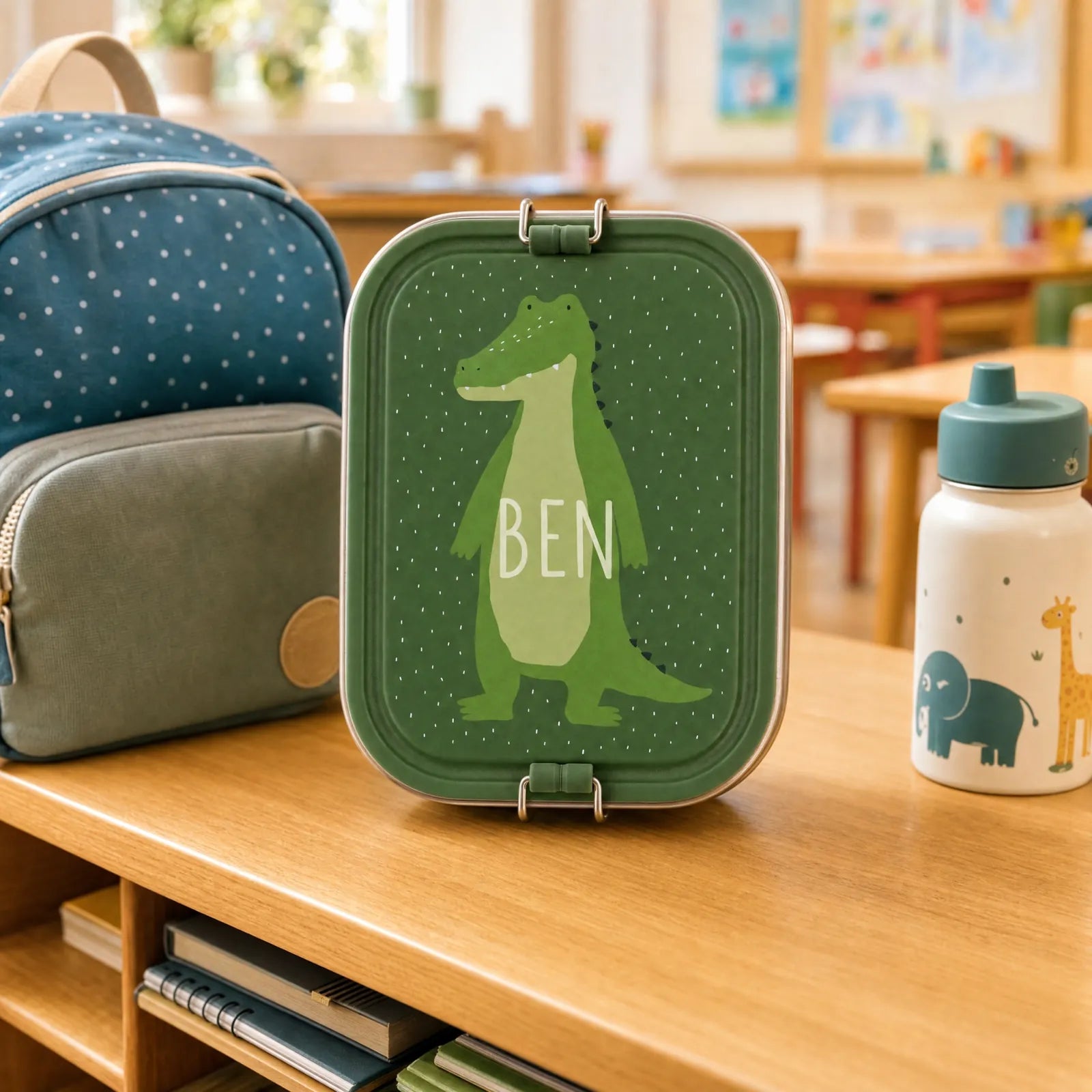 Boîte à goûter inox Crocodile personnalisée, prénom gravé — Kidsmood