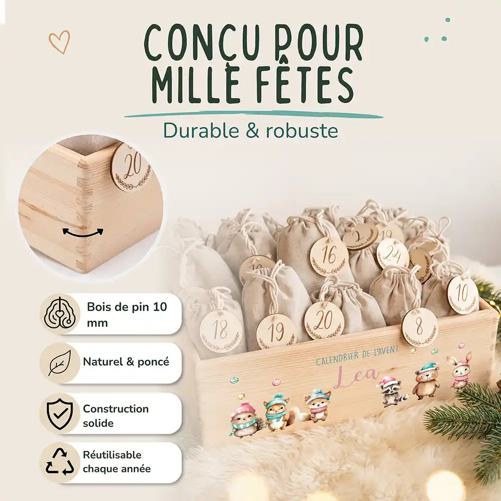 Calendrier de l'avent personnalisé, motif Bonnets pastel — Bois de pin de 10 mm | Kidsmood