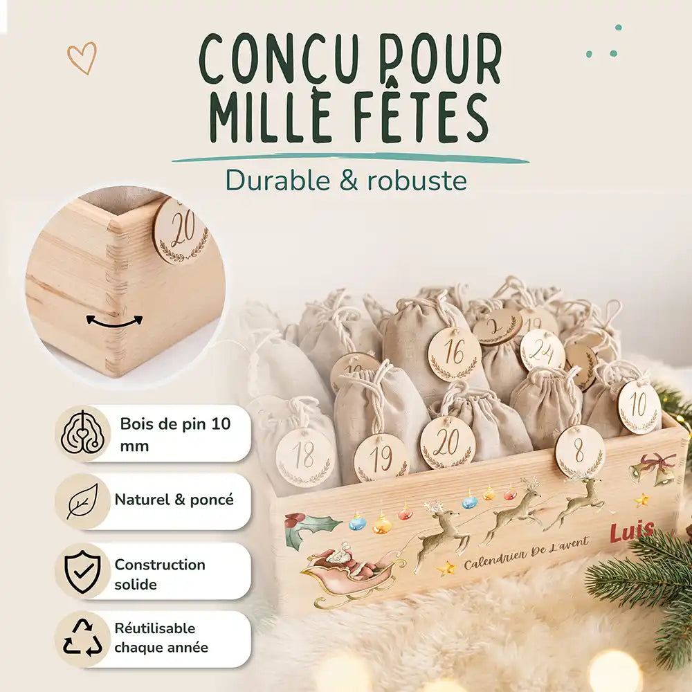 Calendrier de l'avent personnalisé, motif Père Noël en traîneau — Bois de pin de 10 mm | Kidsmood
