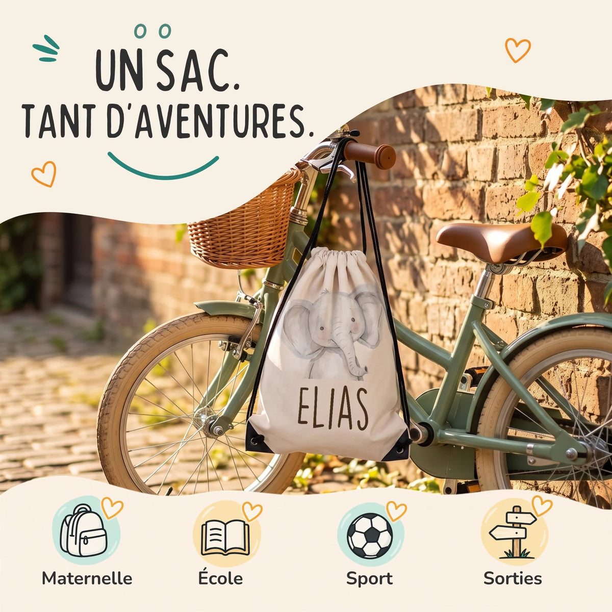 Sac de sport enfant pour la maternelle, l'école, le sport et les sorties, motif éléphant — Kidsmood