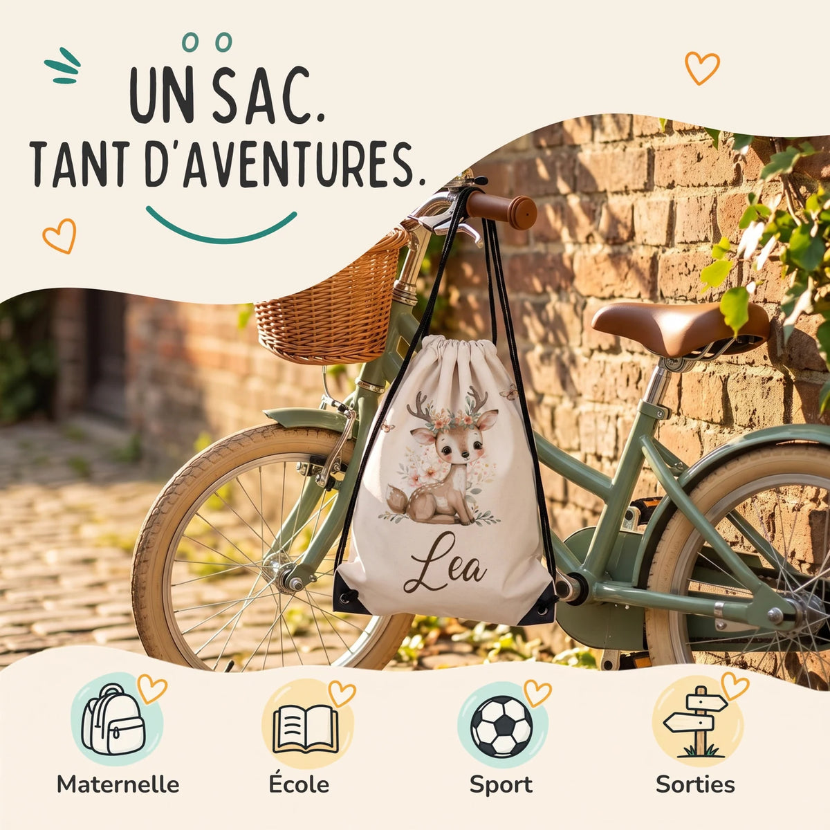 Sac de sport enfant pour la maternelle, l'école, le sport et les sorties, motif faon et papillons — Kidsmood