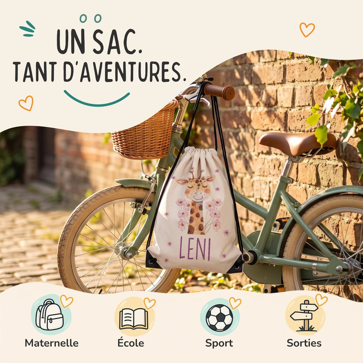 Sac de sport enfant pour la maternelle, l'école, le sport et les sorties, motif girafe — Kidsmood