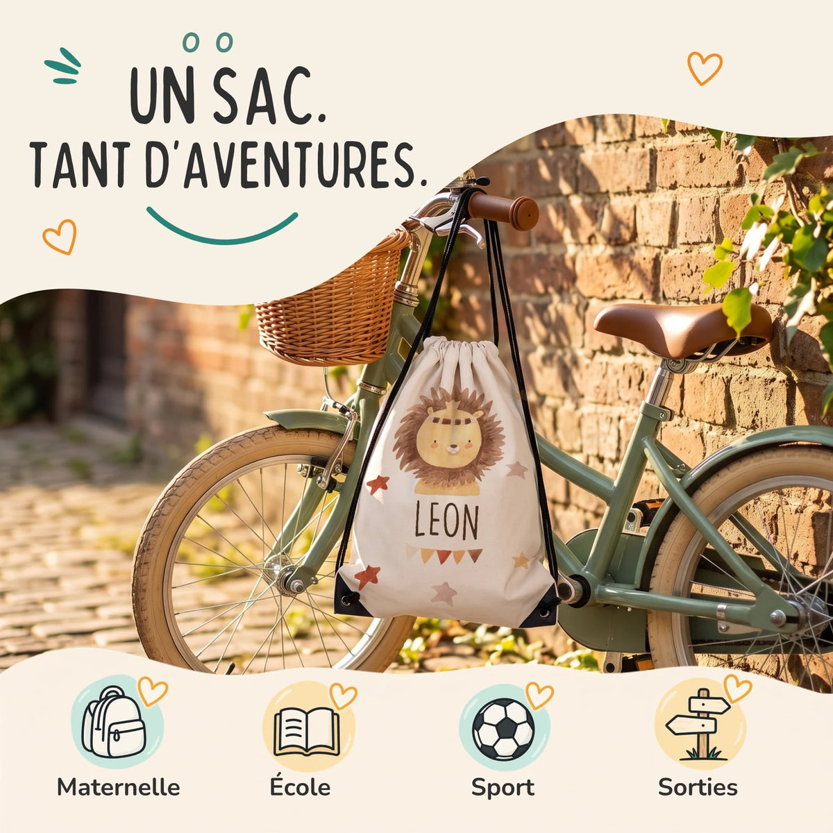 Sac de sport enfant pour la maternelle, l'école, le sport et les sorties, motif lion bohème — Kidsmood