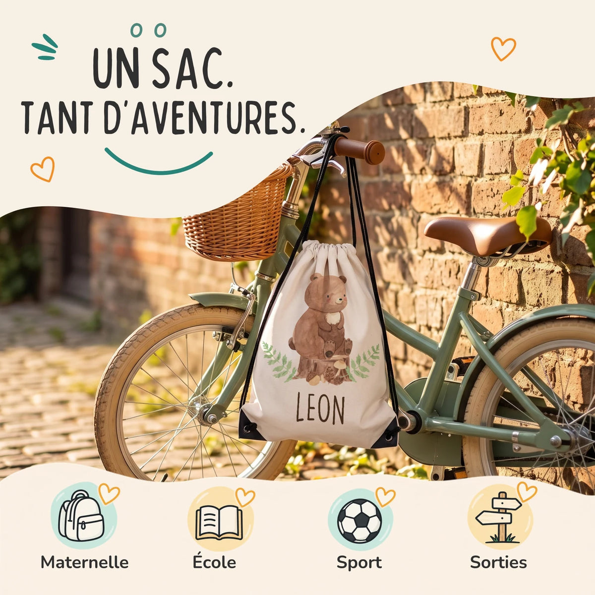 Sac de sport enfant pour la maternelle, l'école, le sport et les sorties, motif ours des bois — Kidsmood