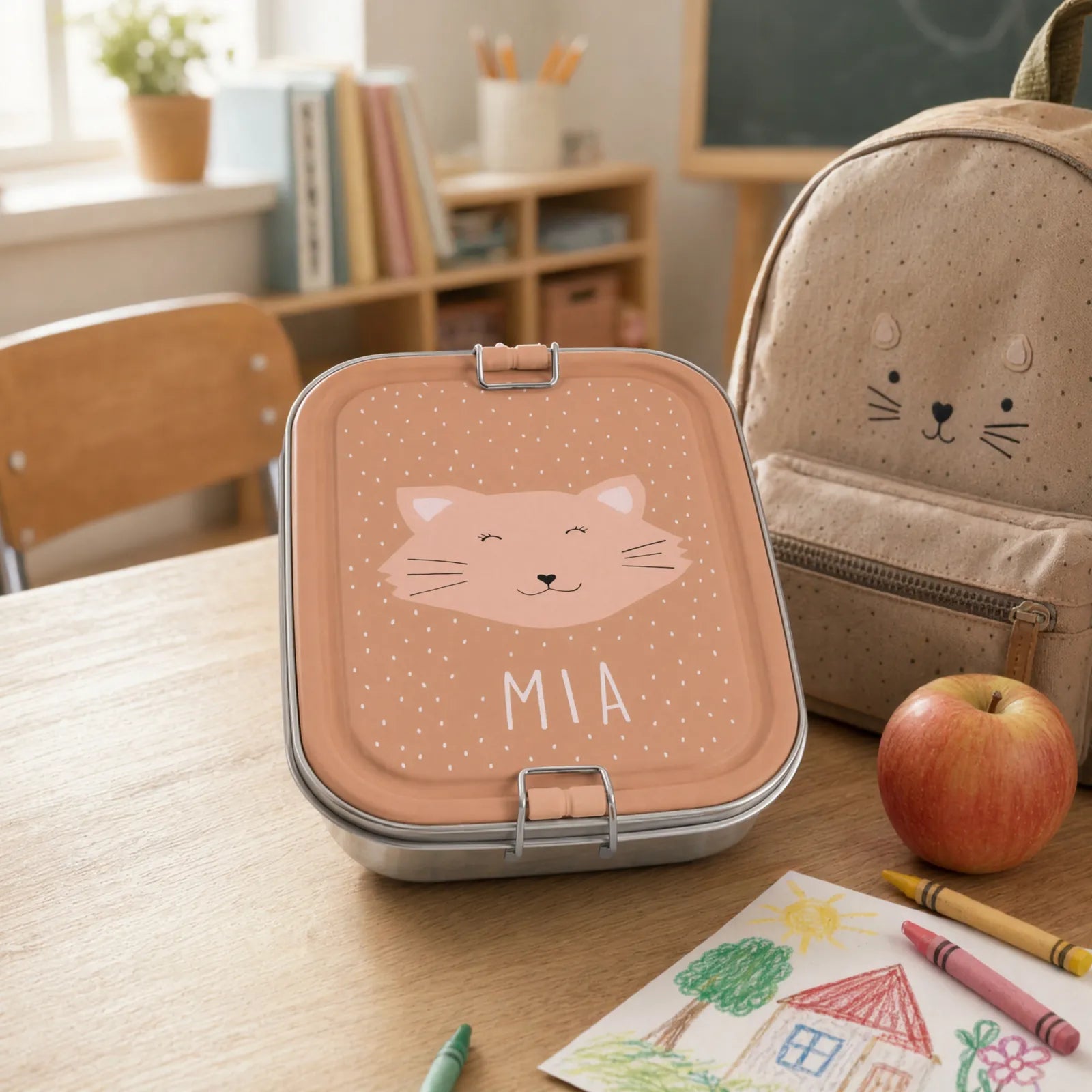 Boîte à goûter inox Chat personnalisée, prénom gravé — Kidsmood