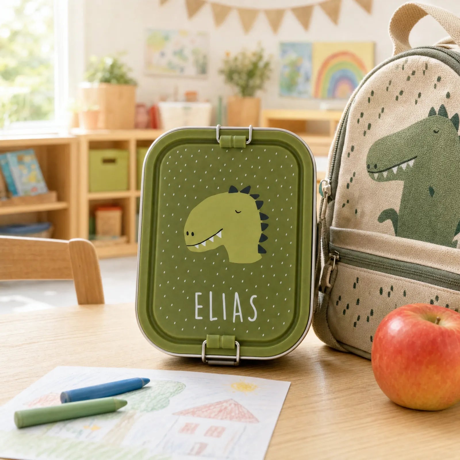 Boîte à goûter inox Dino personnalisée, prénom gravé — Kidsmood