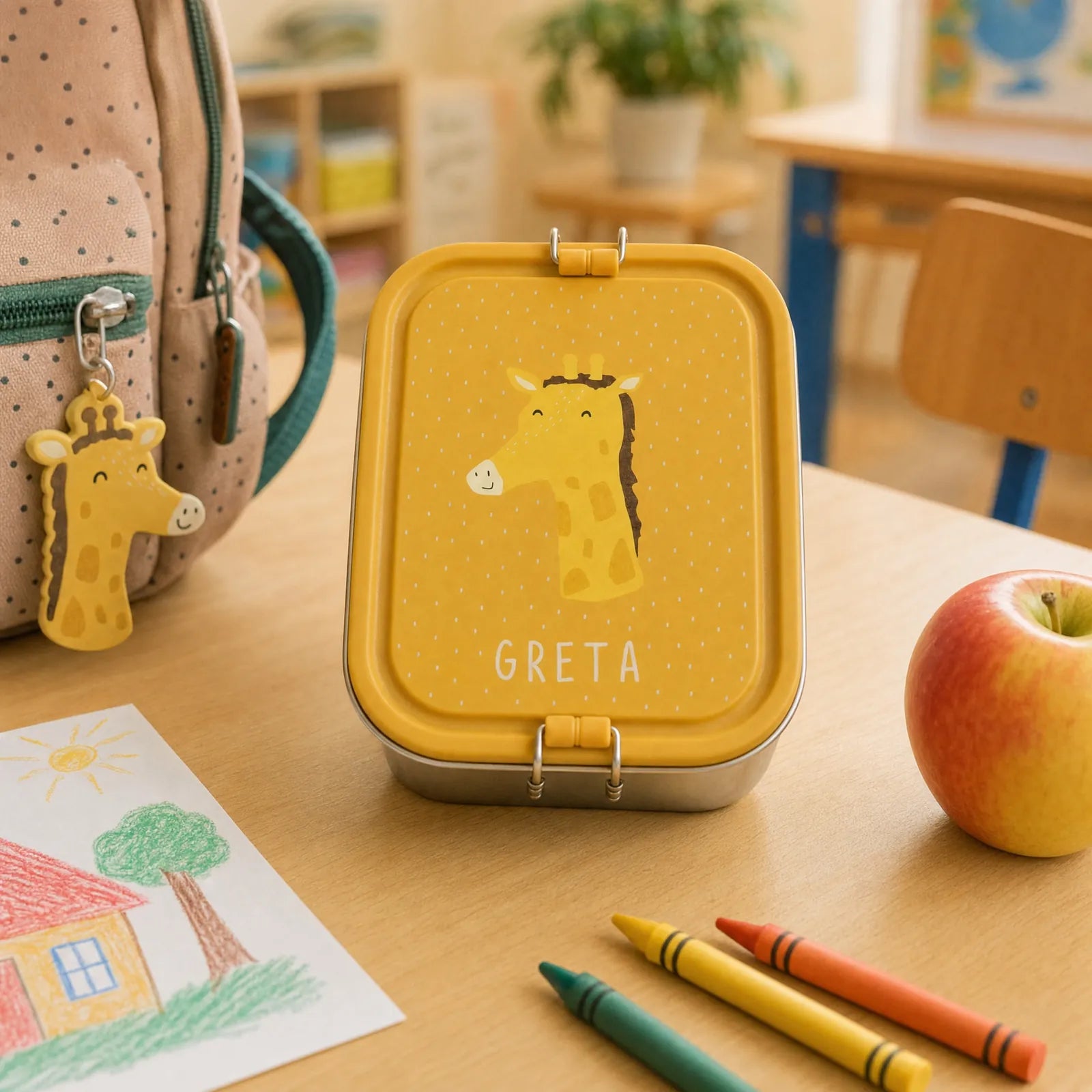 Boîte à goûter inox Girafe personnalisée, prénom gravé — Kidsmood