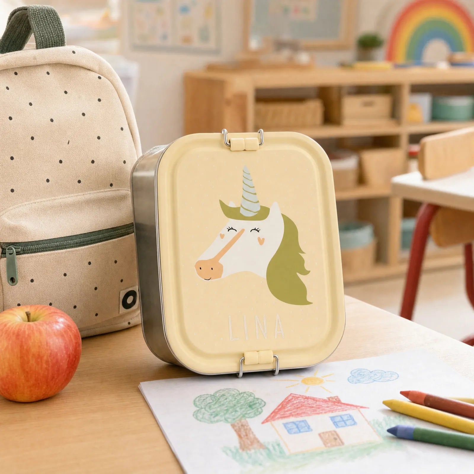 Boîte à goûter inox Licorne personnalisée, prénom gravé — Kidsmood