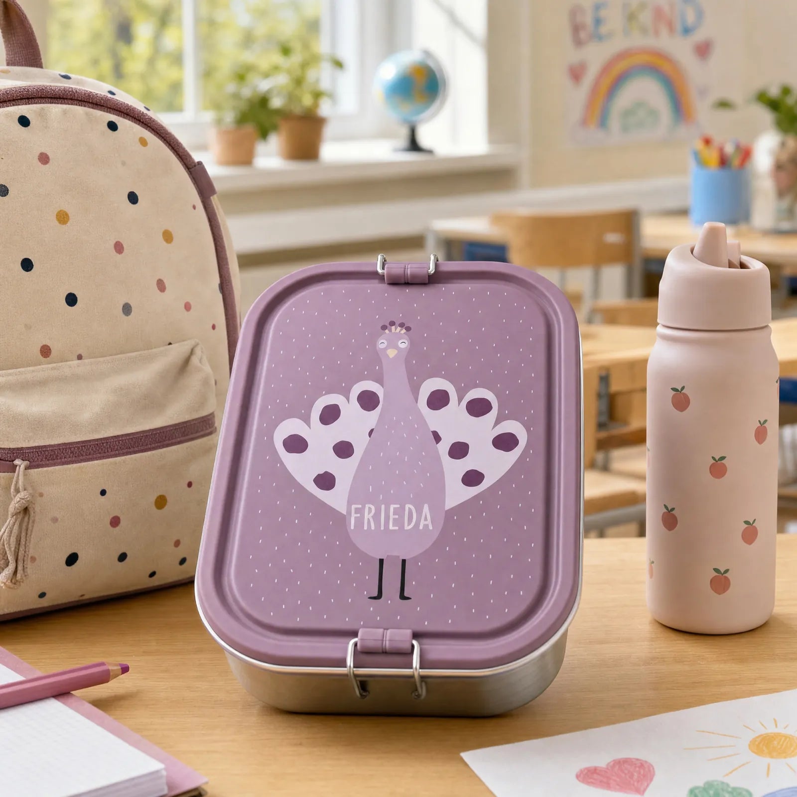 Boîte à goûter inox Paon personnalisée, prénom gravé — Kidsmood