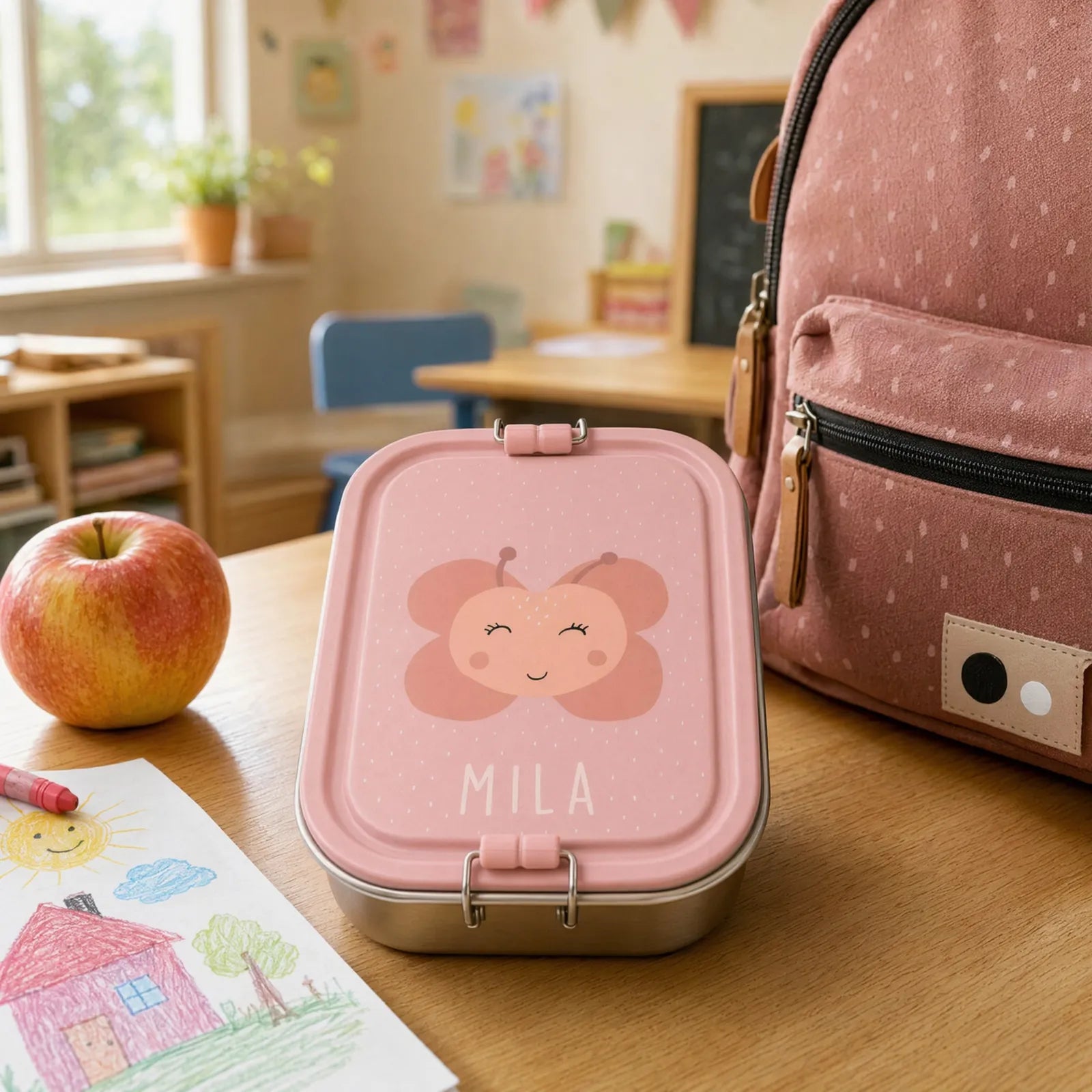 Boîte à goûter inox Papillon personnalisée, prénom gravé — Kidsmood