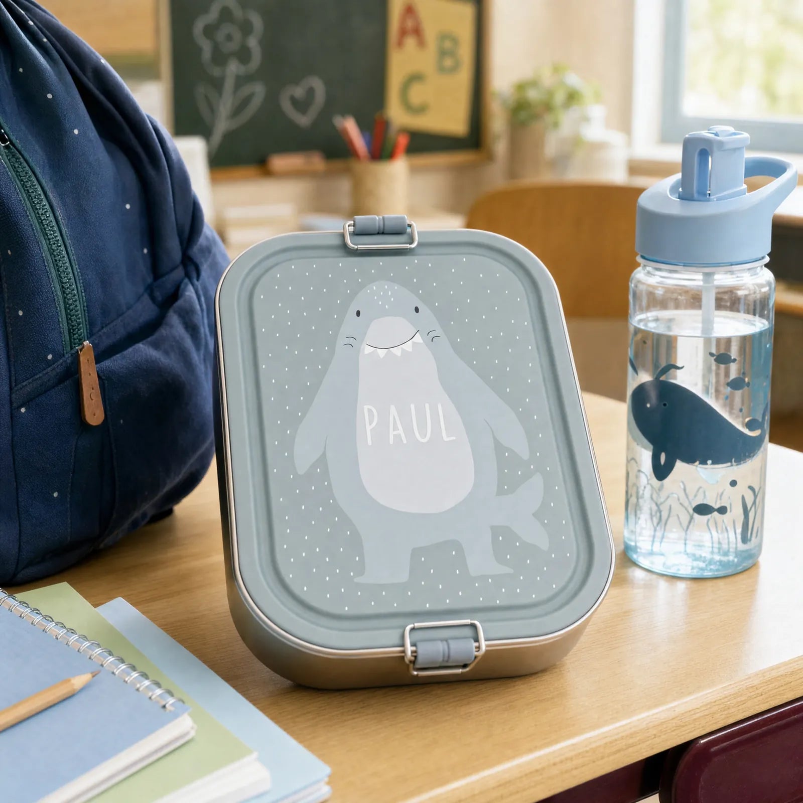 Boîte à goûter inox Requin personnalisée, prénom gravé — Kidsmood