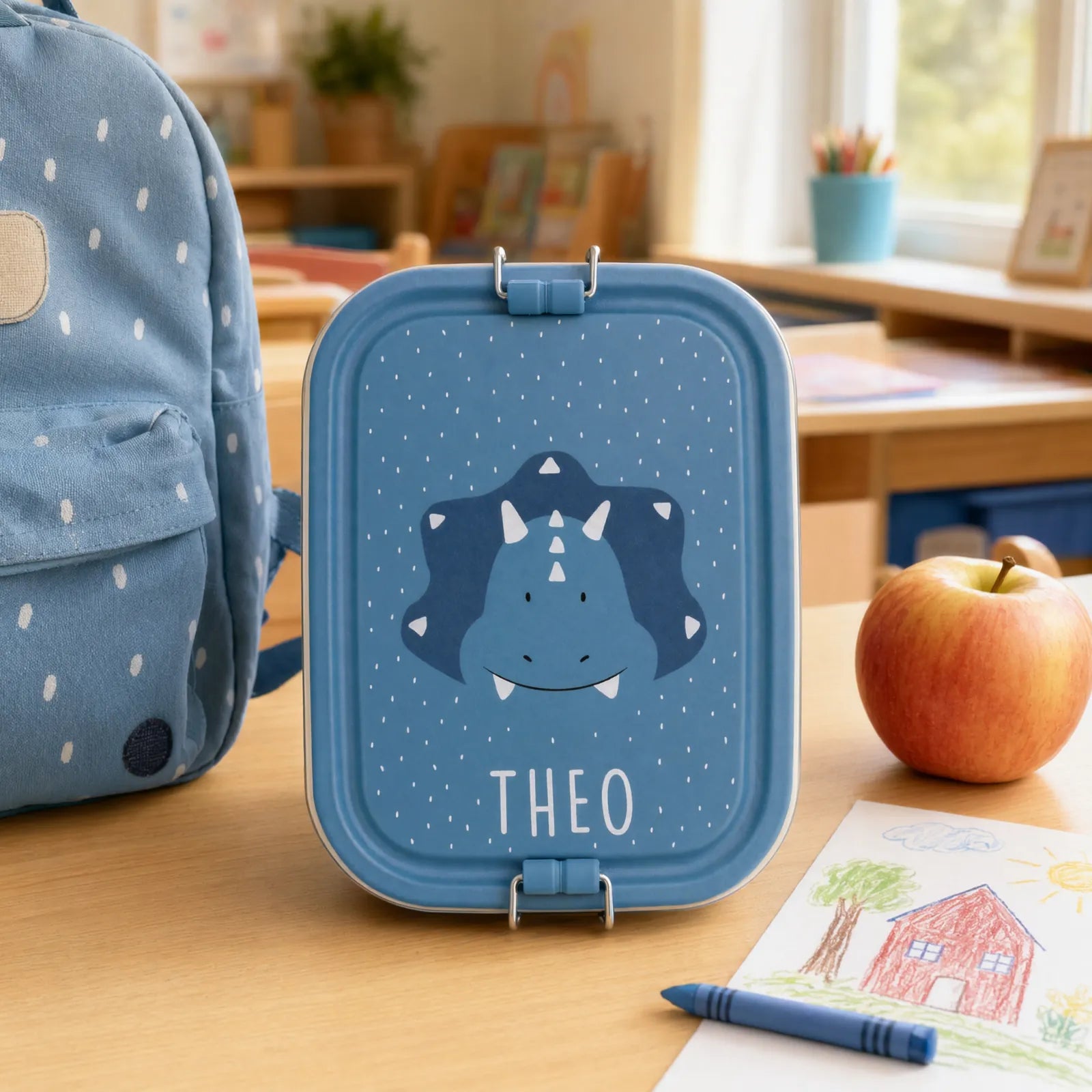 Boîte à goûter inox Tricératops personnalisée, prénom gravé — Kidsmood