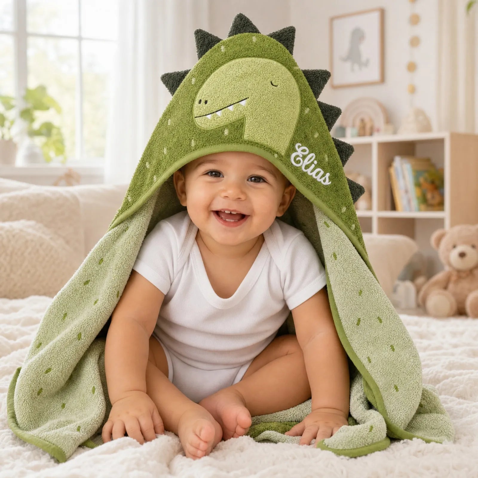 Cape de bain bébé Dino en deux tailles (75x75 et 70x130) — Kidsmood