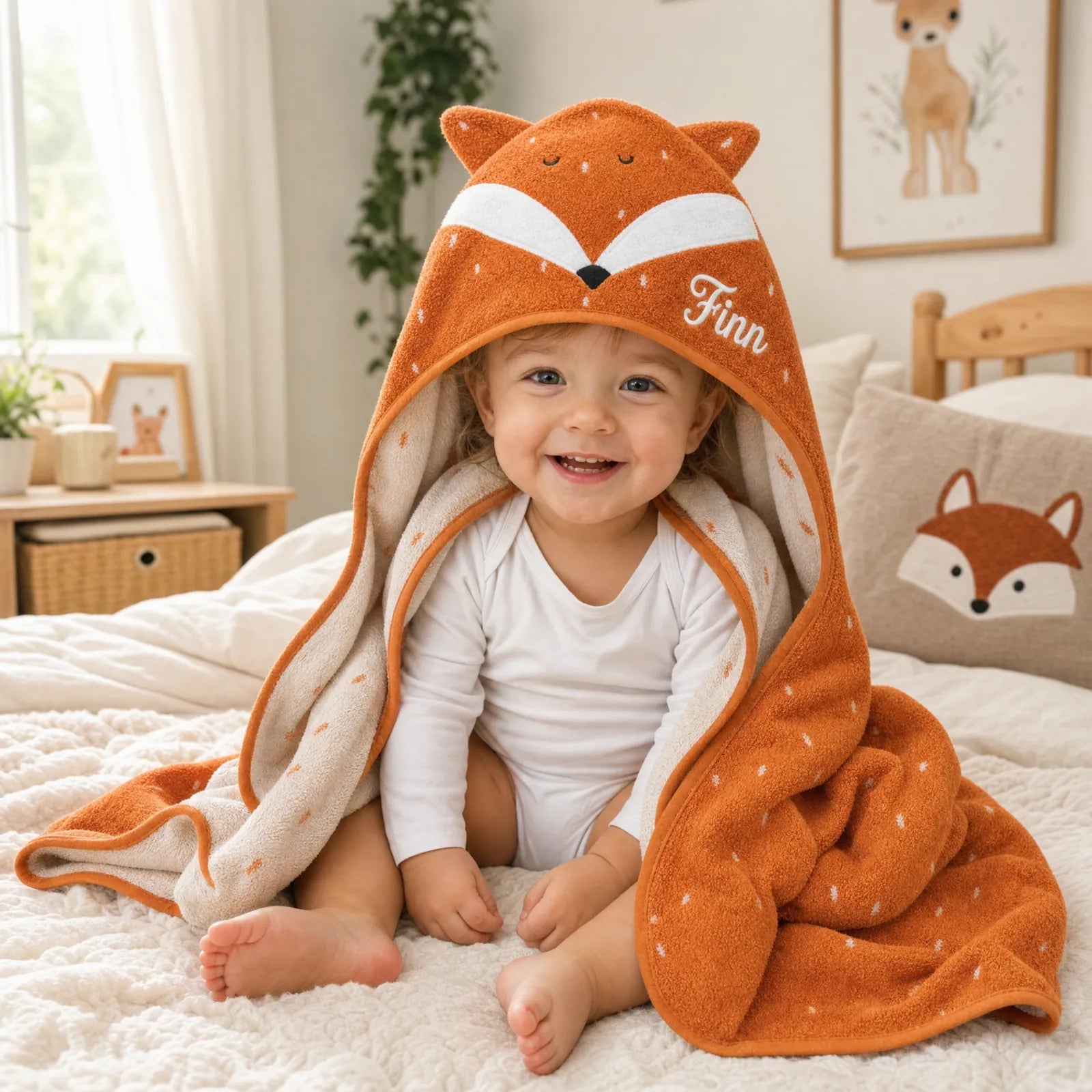 Cape de bain bébé Renard en deux tailles (75x75 et 70x130) — Kidsmood