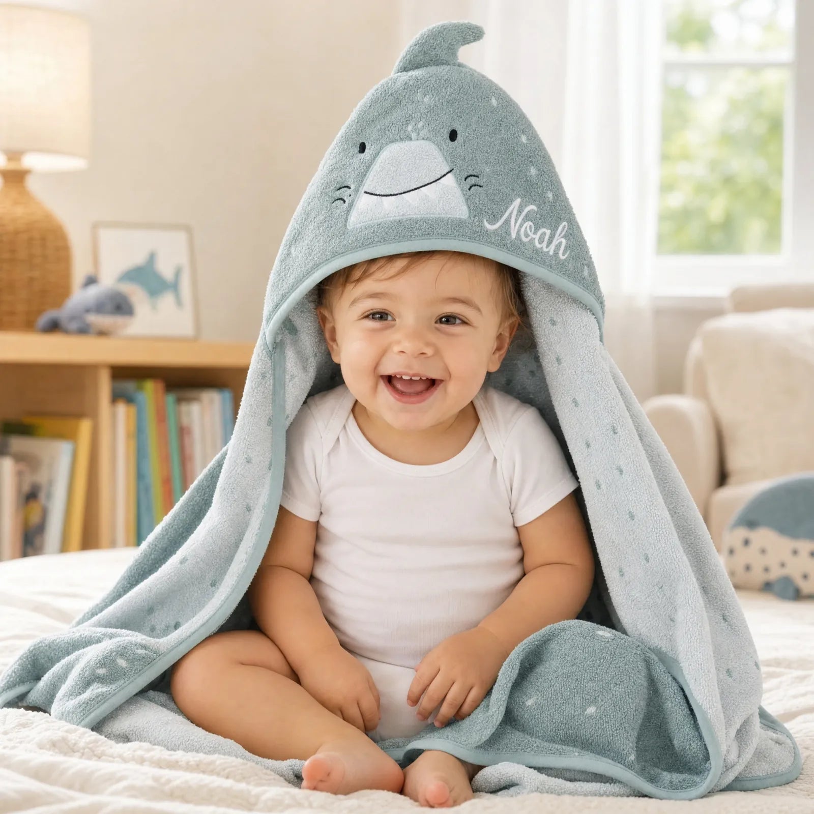 Cape de bain bébé Requin en deux tailles (75x75 et 70x130) — Kidsmood