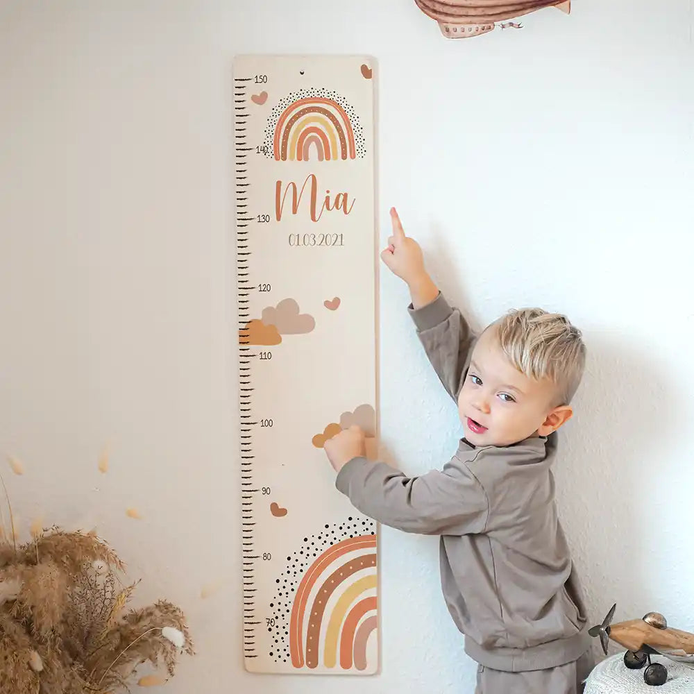 Toise enfant personnalisée Arc-en-ciel terracotta – décoration murale dans la chambre d'enfant