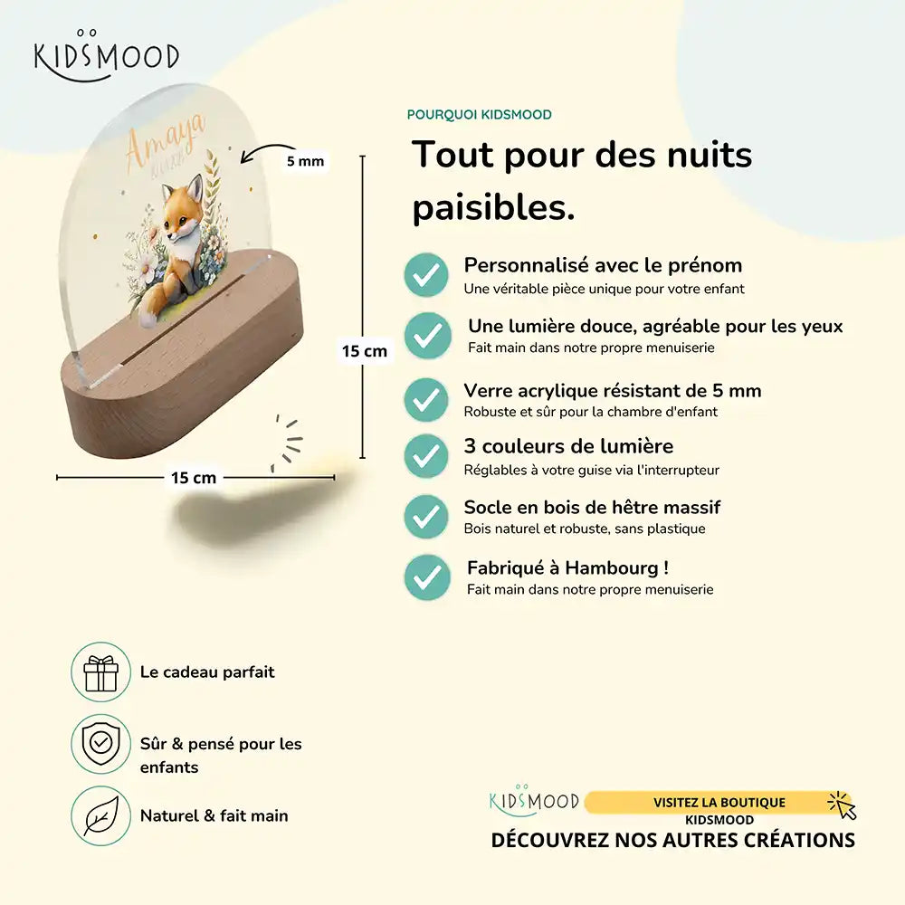 Veilleuse enfant personnalisée Bébé renard – détail du socle en hêtre et du bouton de réglage