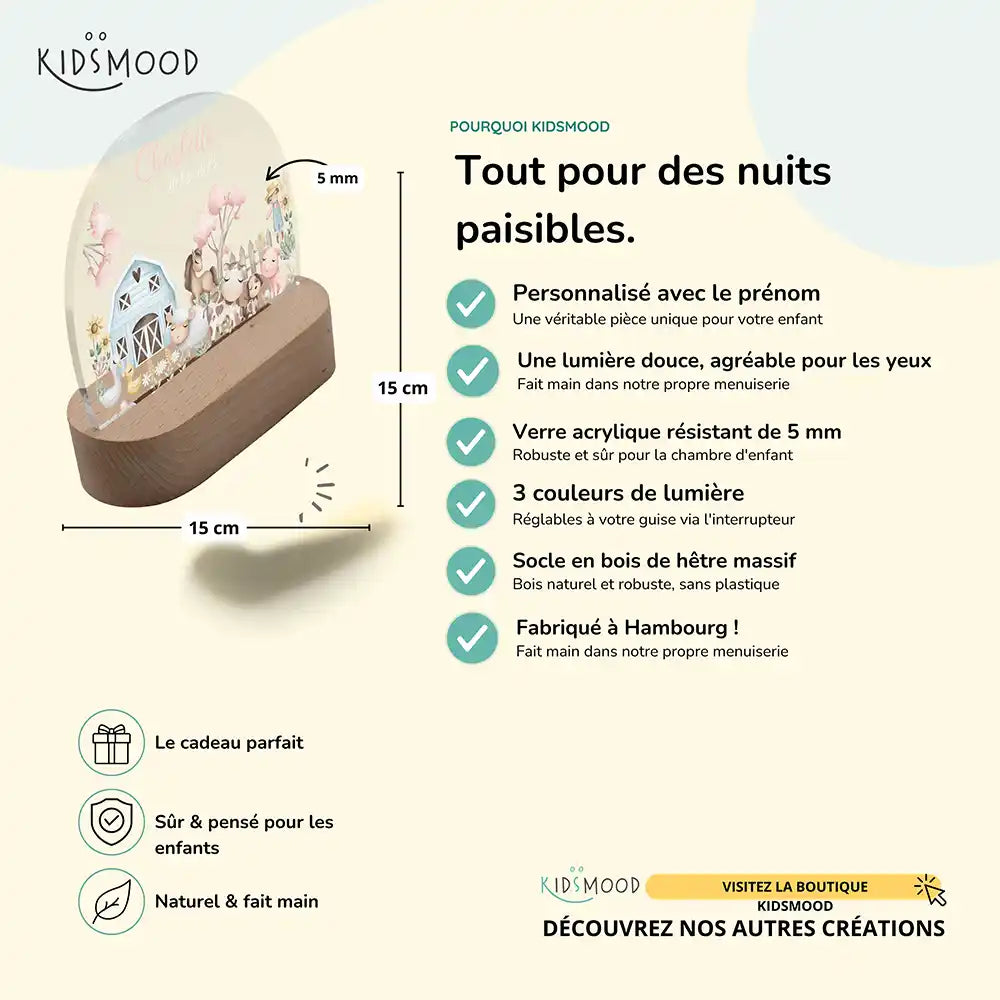 Veilleuse enfant personnalisée Animaux de la ferme – détail du socle en hêtre et du bouton de réglage