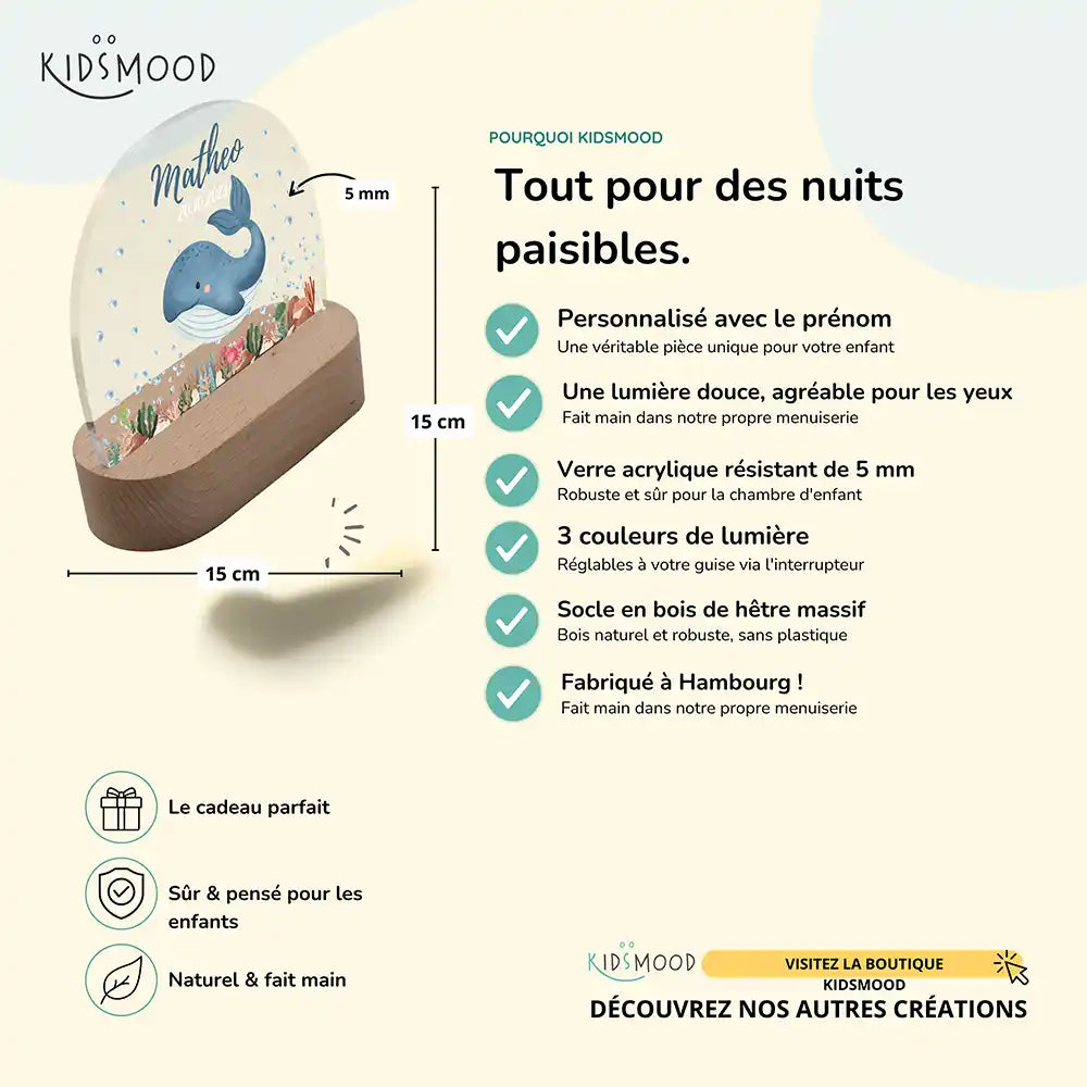 Veilleuse enfant personnalisée Baleine – détail du socle en hêtre et du bouton de réglage