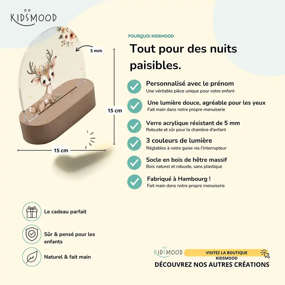 Veilleuse enfant personnalisée Bébé faon – détail du socle en hêtre et du bouton de réglage