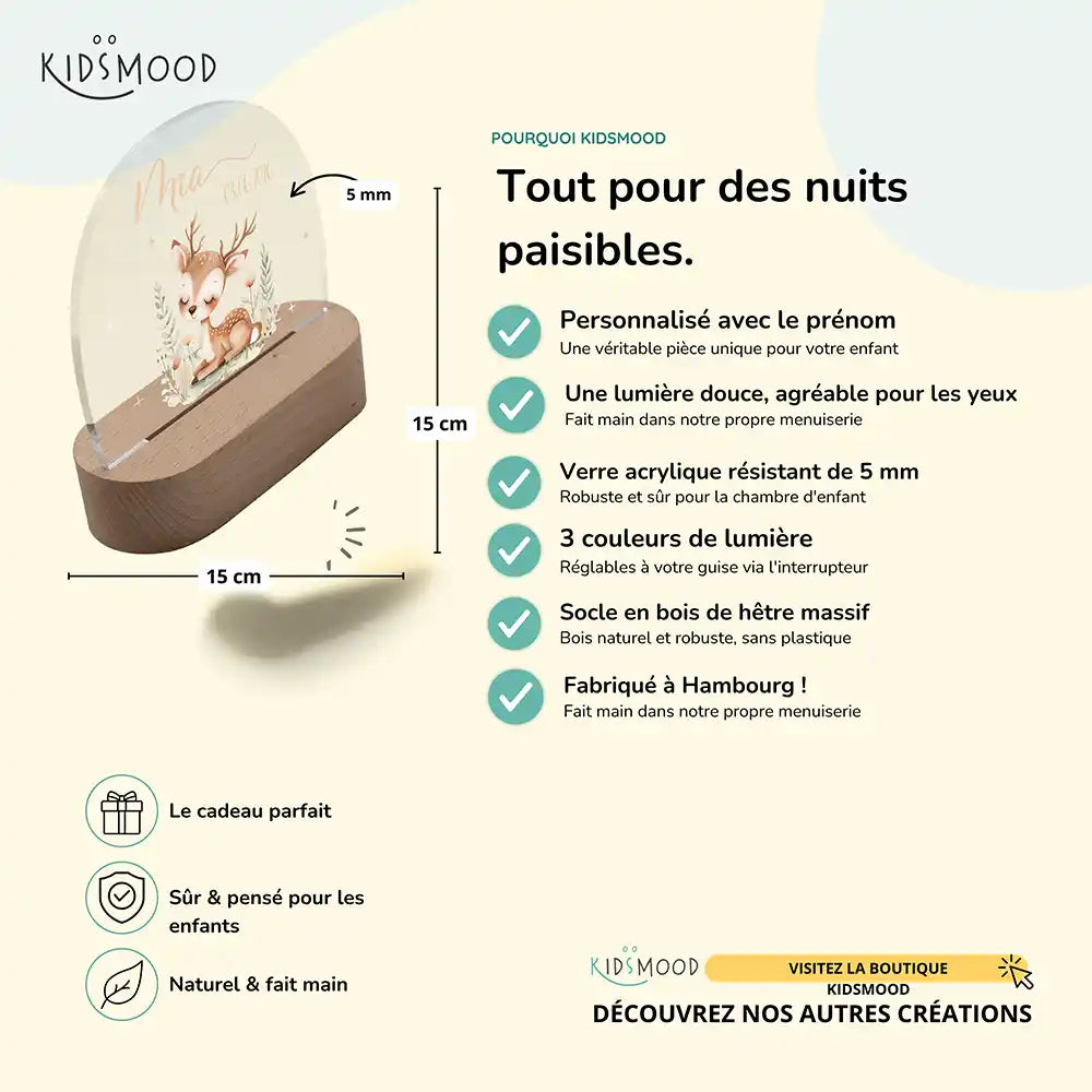 Veilleuse enfant personnalisée Faon endormi – détail du socle en hêtre et du bouton de réglage