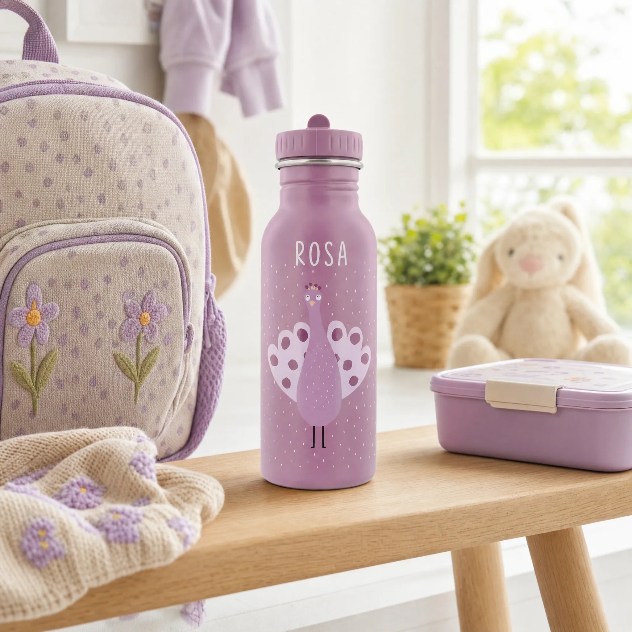 Gourde inox robuste, motif Paon — Kidsmood