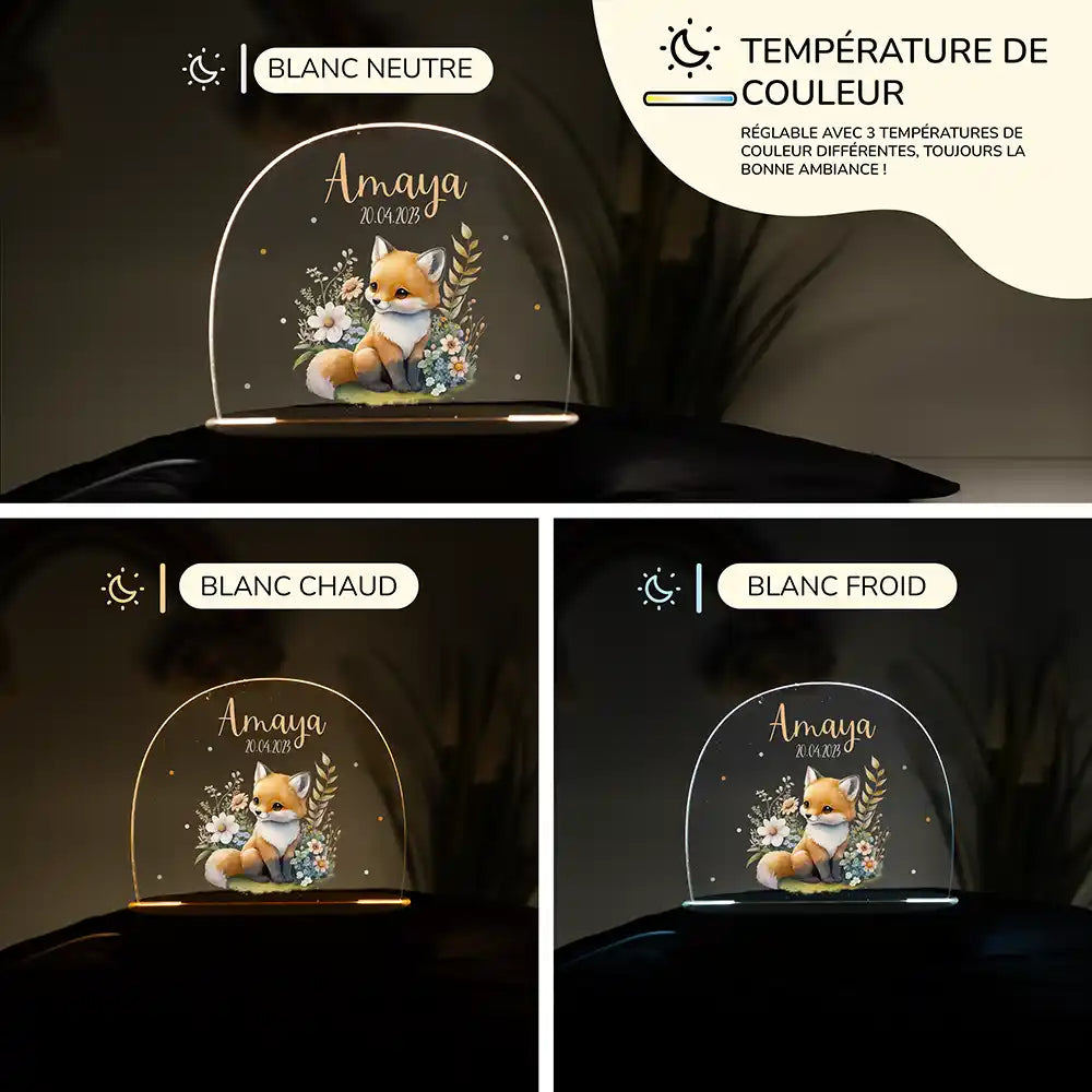 Veilleuse enfant personnalisée Bébé renard – raccordement par câble USB fourni