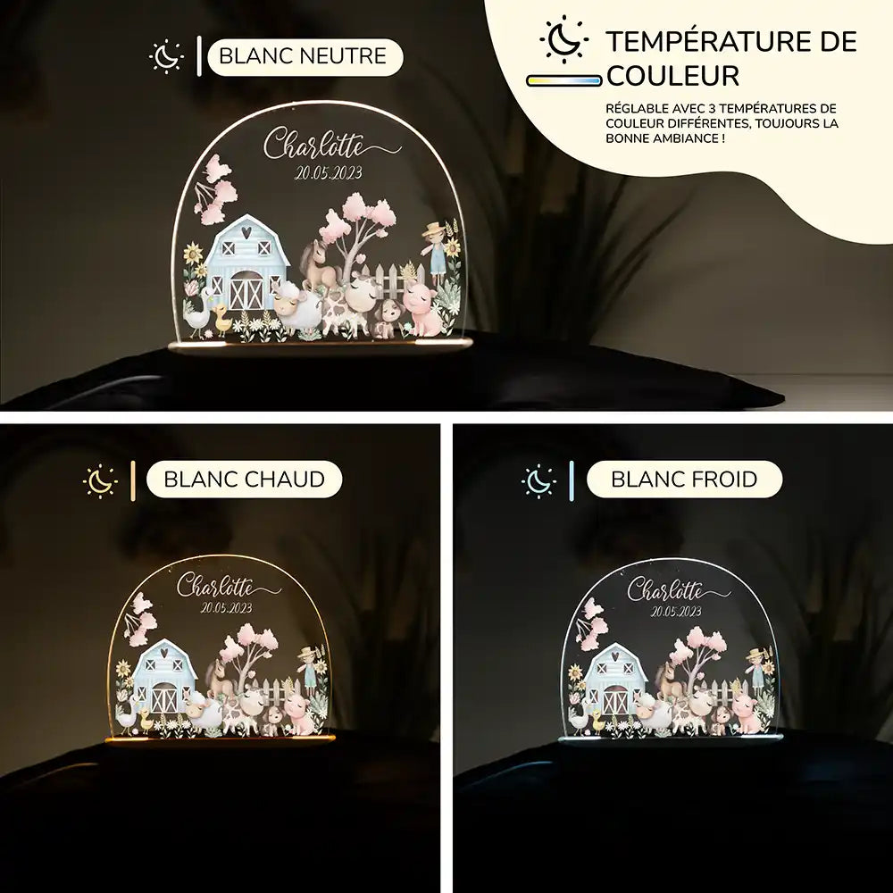 Veilleuse enfant personnalisée Animaux de la ferme – raccordement par câble USB fourni