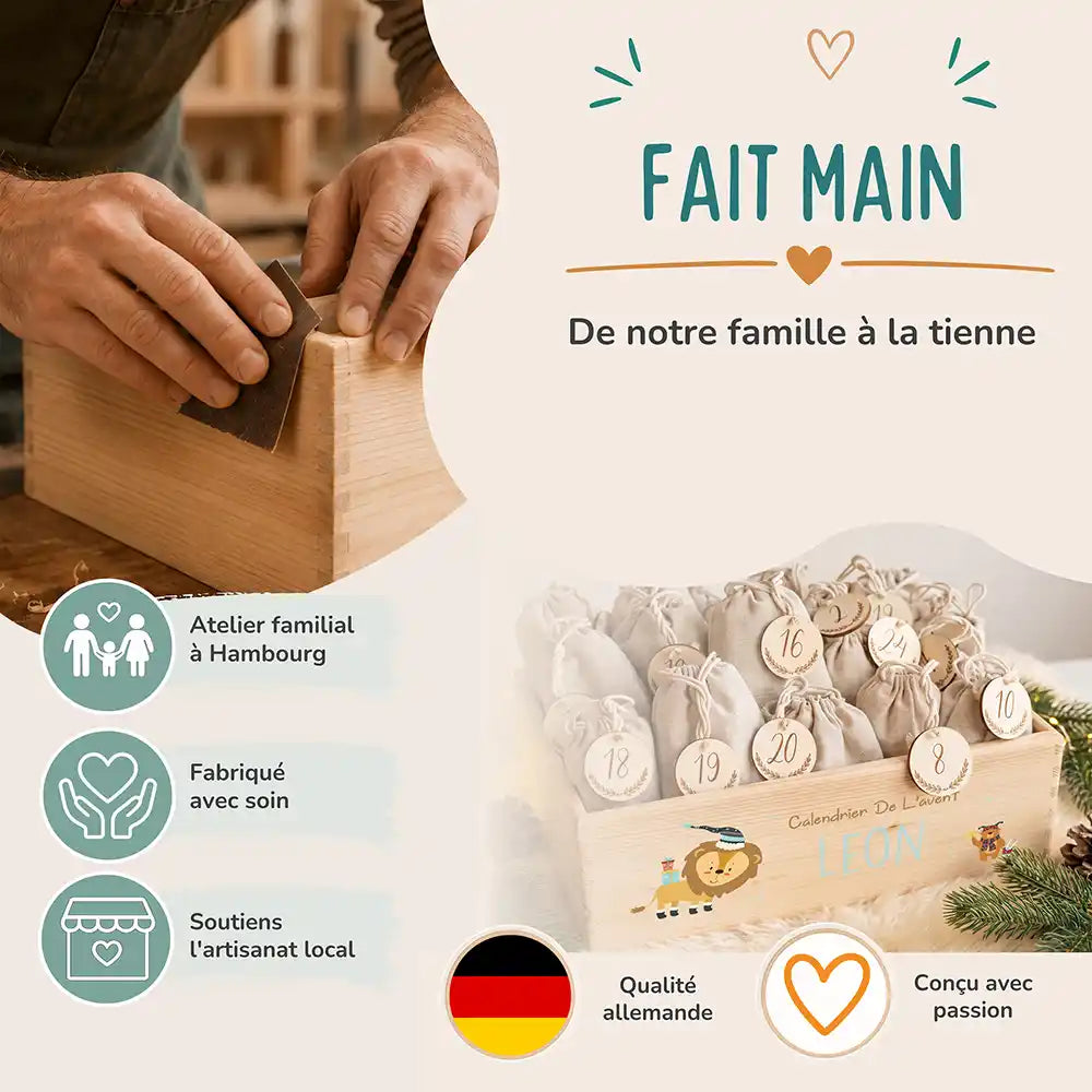 Calendrier de l'avent personnalisé, motif Lion et cadeaux — Fabrication à la main | Kidsmood