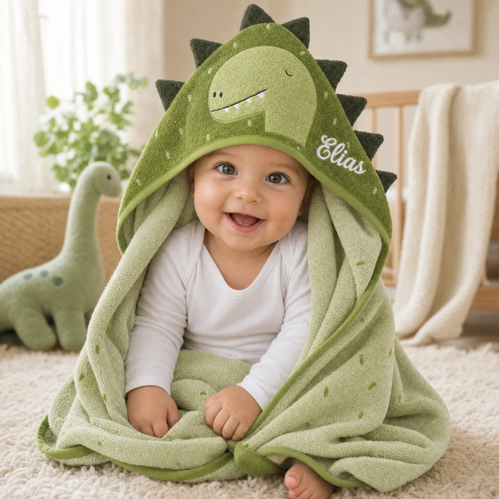 Cape de bain bébé Trixie Dino personnalisée, prénom brodé — Kidsmood