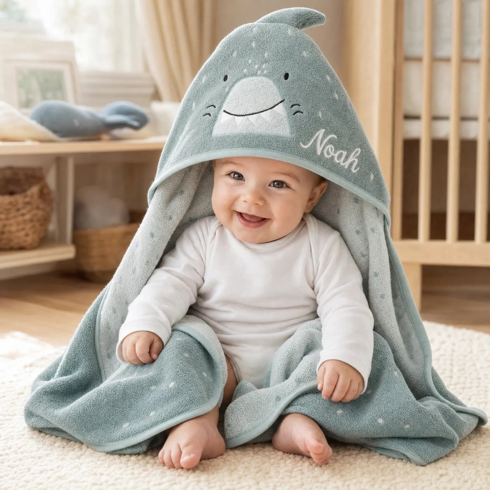 Cape de bain bébé Trixie Requin personnalisée, prénom brodé — Kidsmood