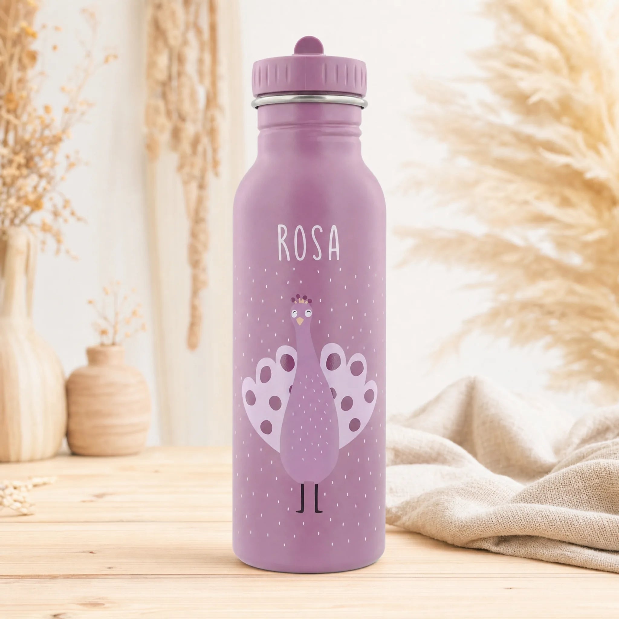 Gourde enfant Trixie inox motif Paon, prénom gravé — Kidsmood