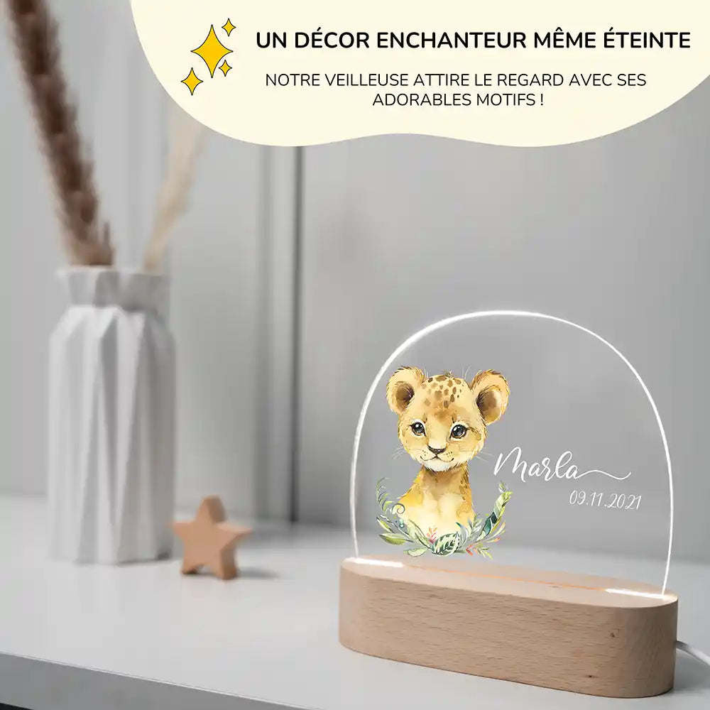 Veilleuse enfant personnalisée Petit lion – dimensions compactes 15 x 15 x 3,5 cm