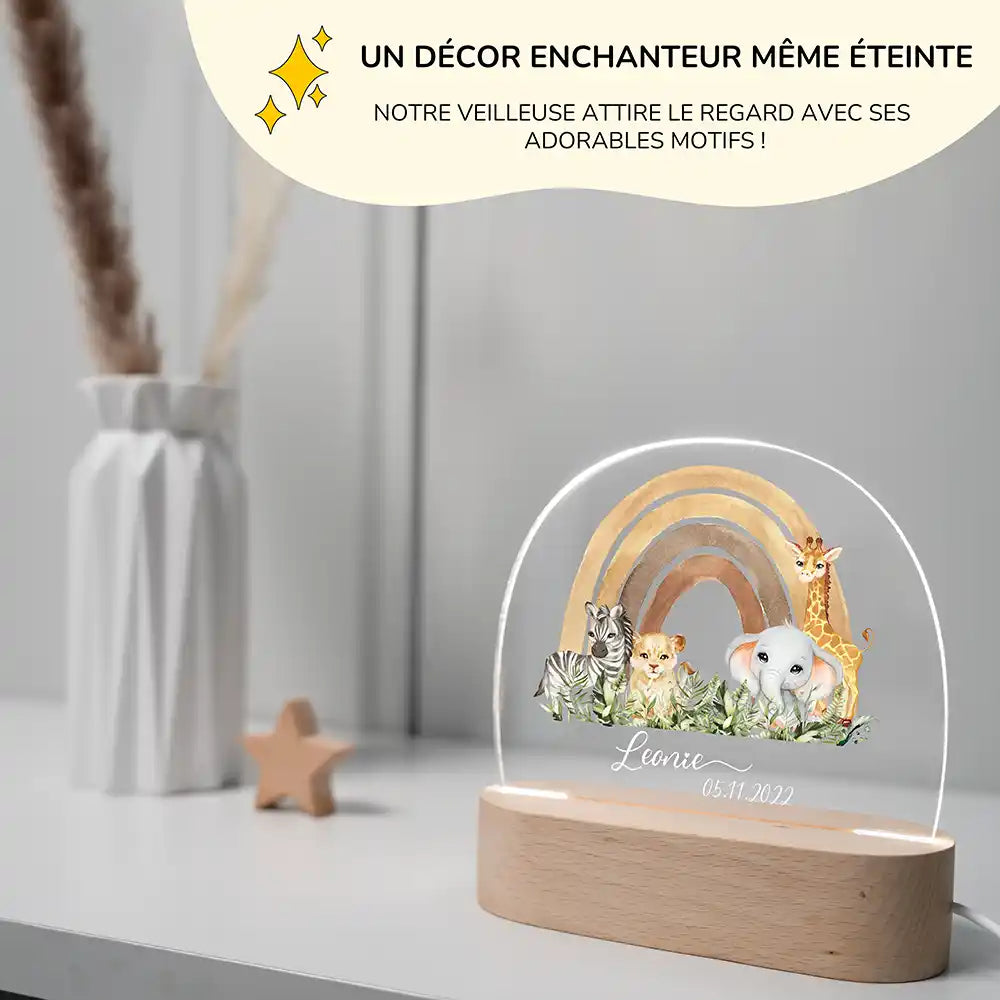 Veilleuse enfant personnalisée Animaux de la savane – dimensions compactes 15 x 15 x 3,5 cm