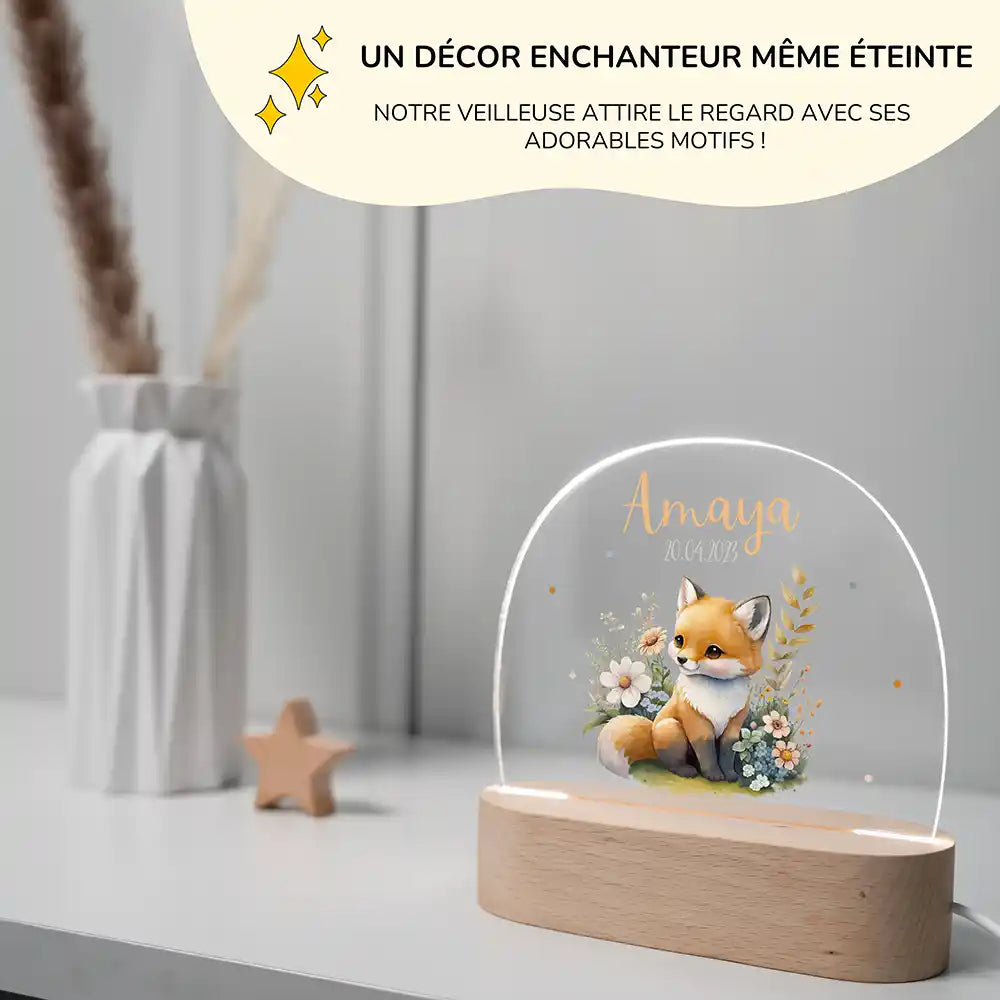 Veilleuse enfant personnalisée Bébé renard – dimensions compactes 15 x 15 x 3,5 cm