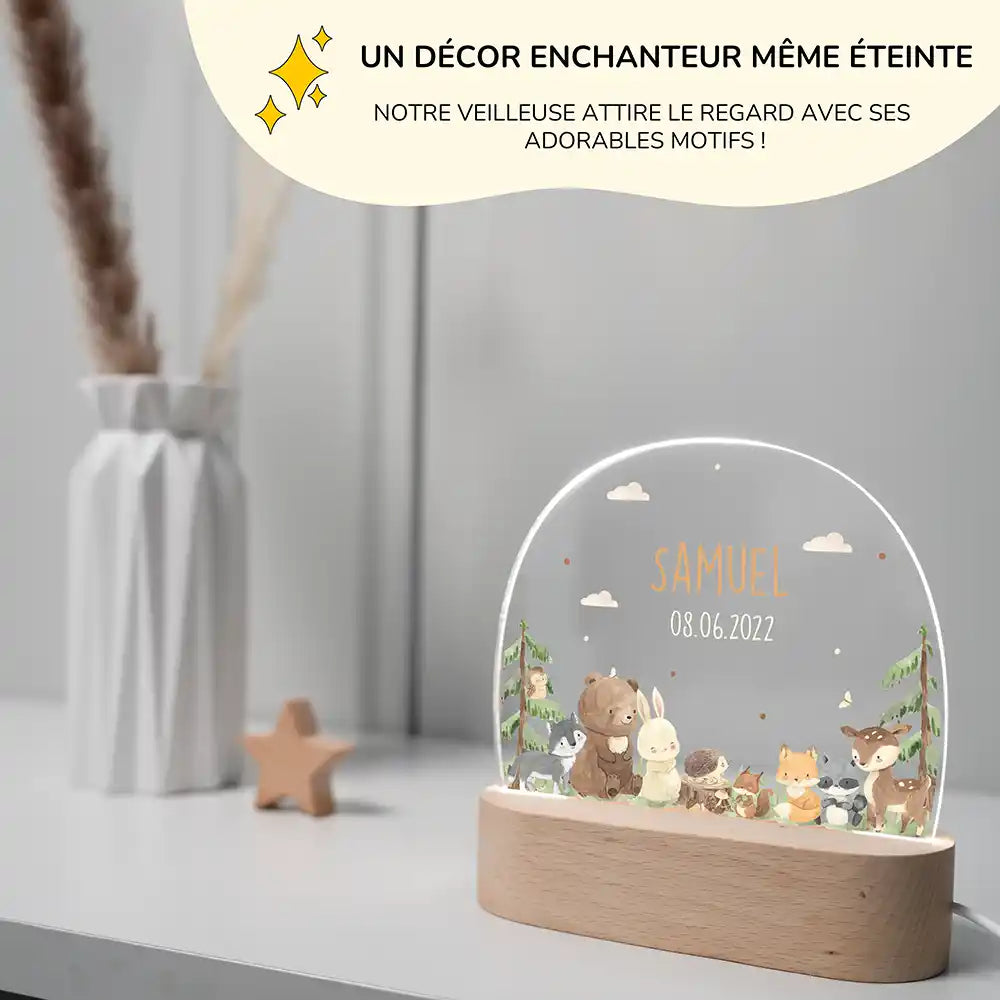 Veilleuse enfant personnalisée Amis de la forêt – dimensions compactes 15 x 15 x 3,5 cm
